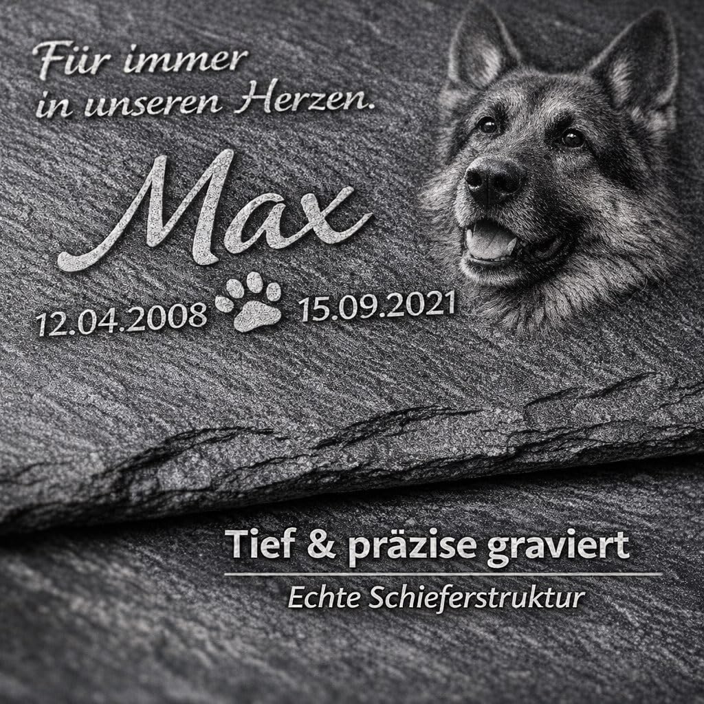 Hundegrabstein aus Schiefer – Personalisierter Grabstein für Hunde mit Foto & Gravur – Wetterfeste Gedenktafel für draußen mit Namen & Wunschtext – inkl. Pfoten-Schlüsselanhänger