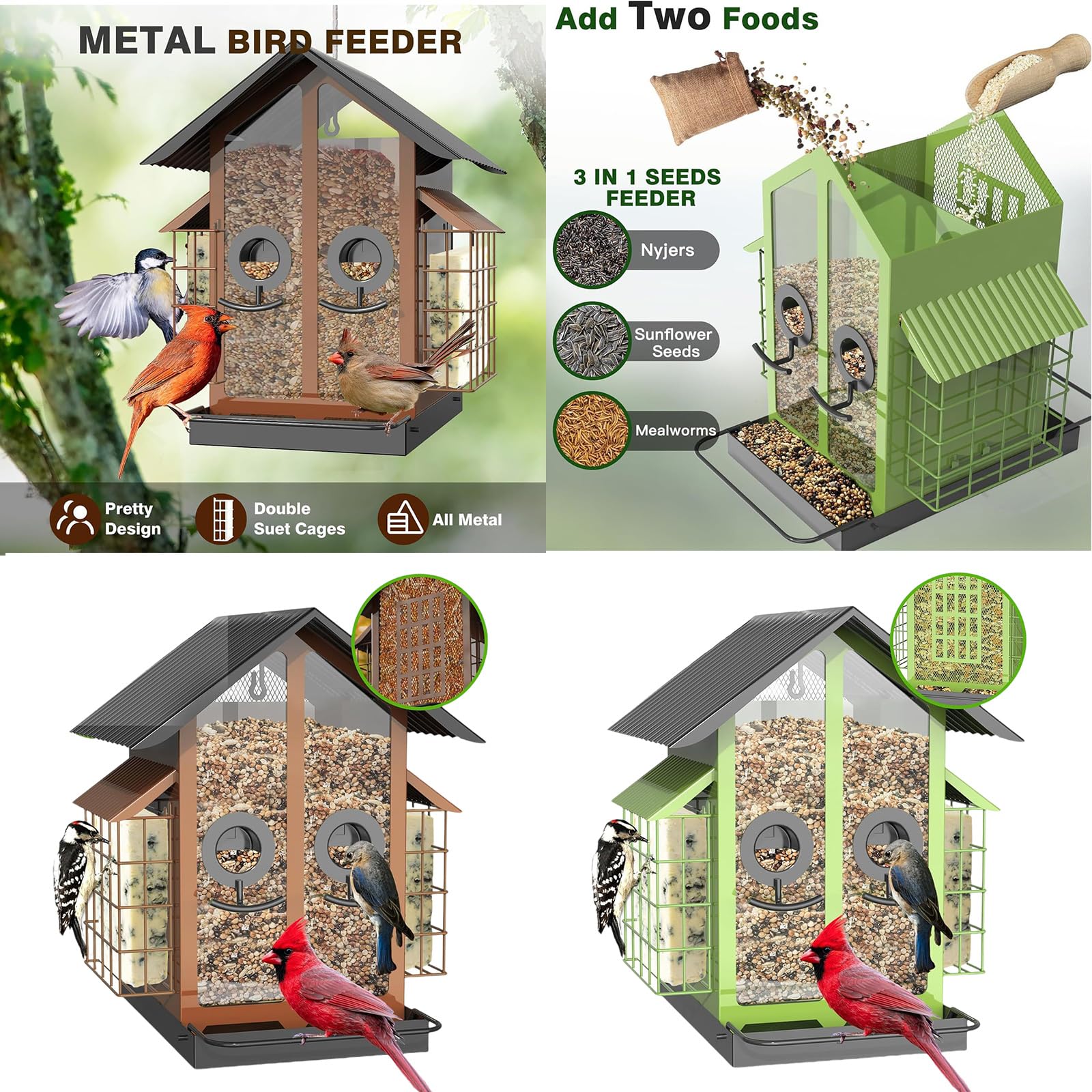 Comedero para pájaros de Gran Capacidad para jardín y Patio, diseño de Percha con construcción de Metal para comedero para pájaros Colgante Aire Libre
