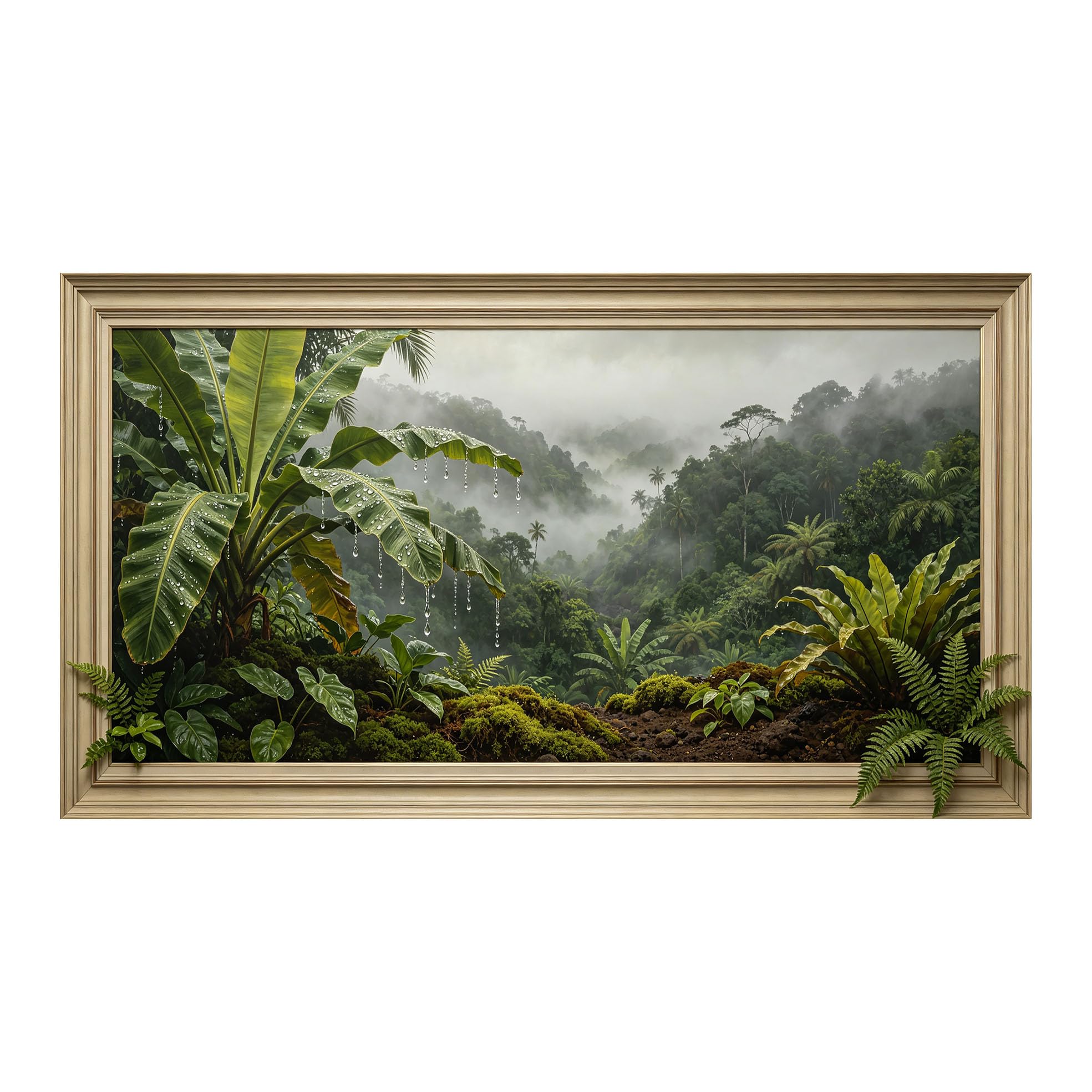 Yzpallescene 3D Framed Wall Art 50cm×100cm Tropical Jungle Rainforest Misty Botanical Realistic Panoramic Large Size SelfAdhesive Removable Wall Decor Prints Artwork for Living Room Bedroom Office