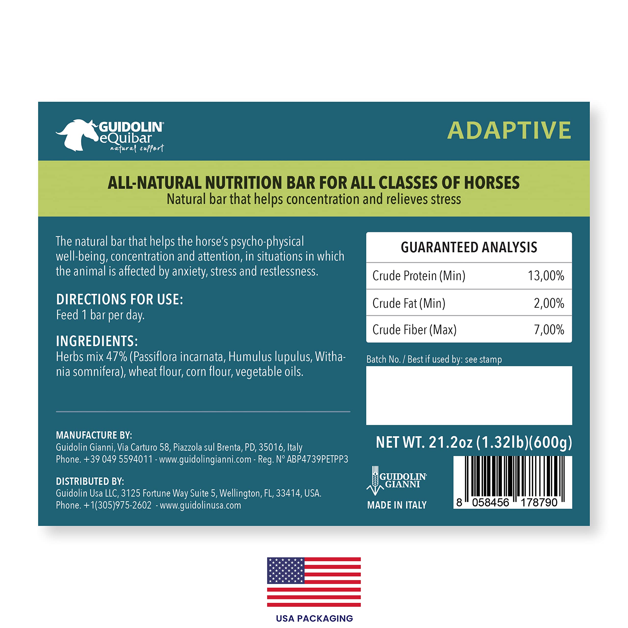 Guidolin Horses Equibar Adaptive® Barretta funzionale per il benessere psico-fisico e la concentrazione del cavallo 100% naturale doping free 600g