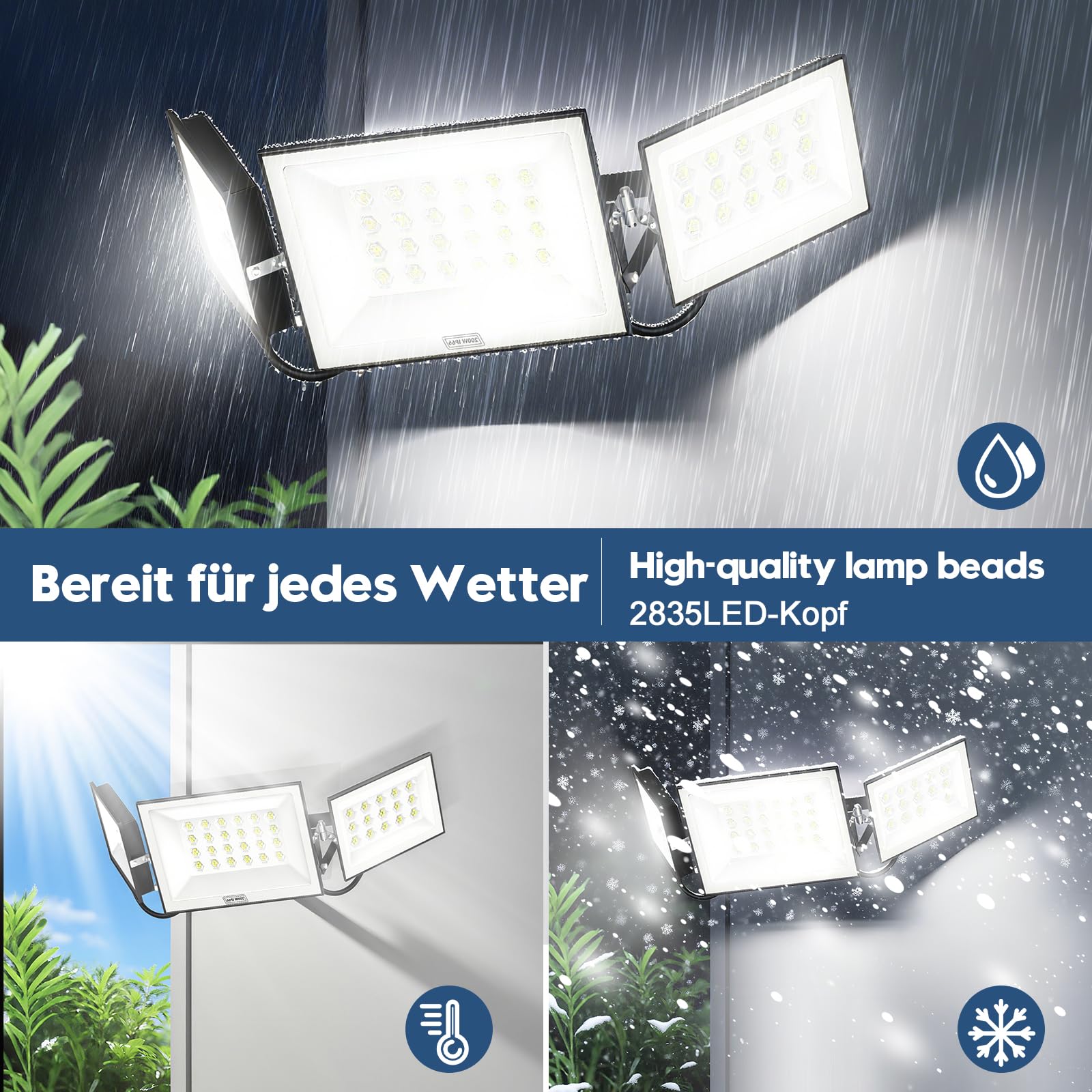 papasbox Reflektor zewnętrzny LED, 200 W, do ogrodu, garażu, na boisko sportowe