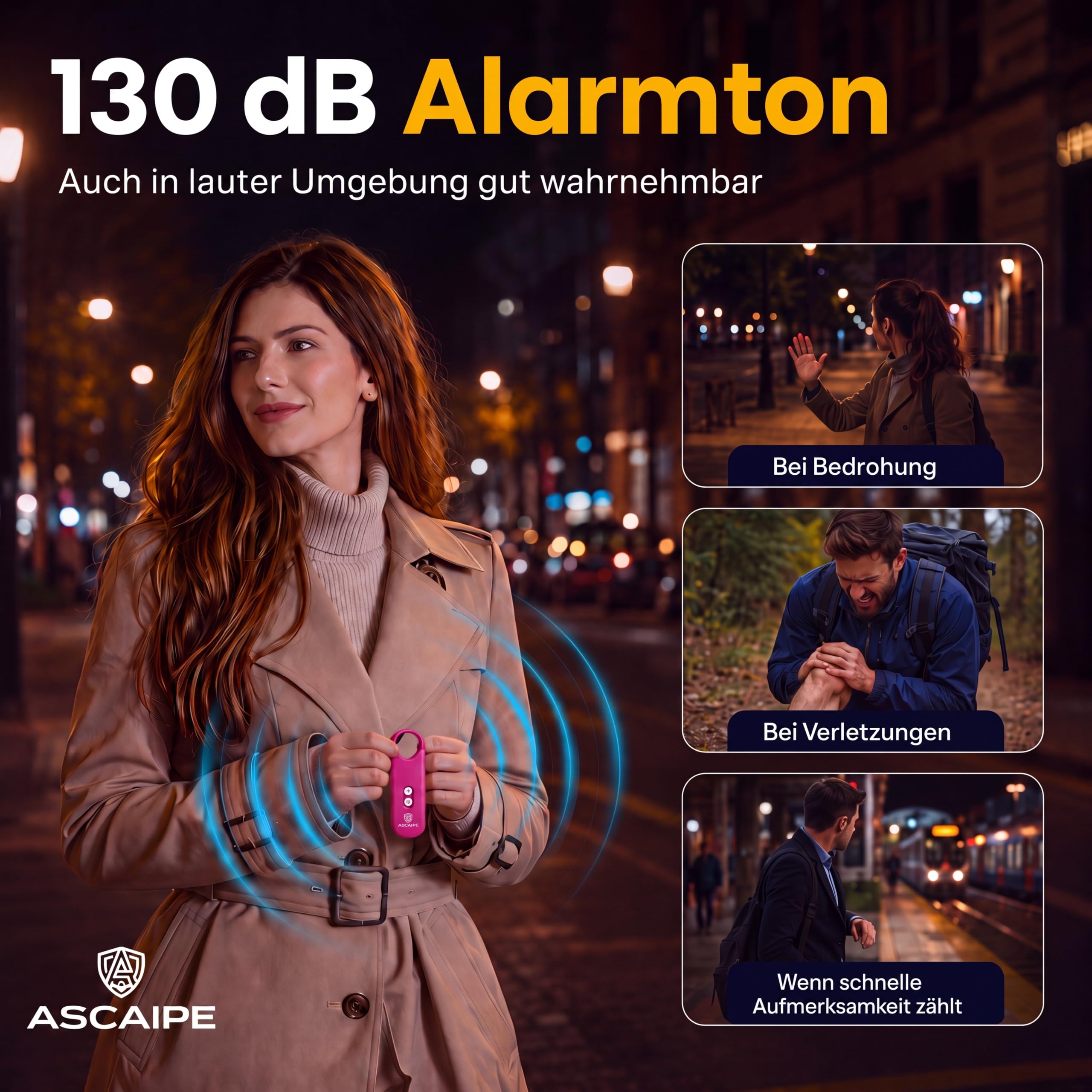 Alarma de bolsillo de 130 dB con luz estroboscópica LED, paquete familiar, 2 negros, 2 rosas | Para toda la familia: 2 negros, 2 rosas, 130 dB cada alarma, 2 altavoces, luz estroboscópica LED, recargable y a mano