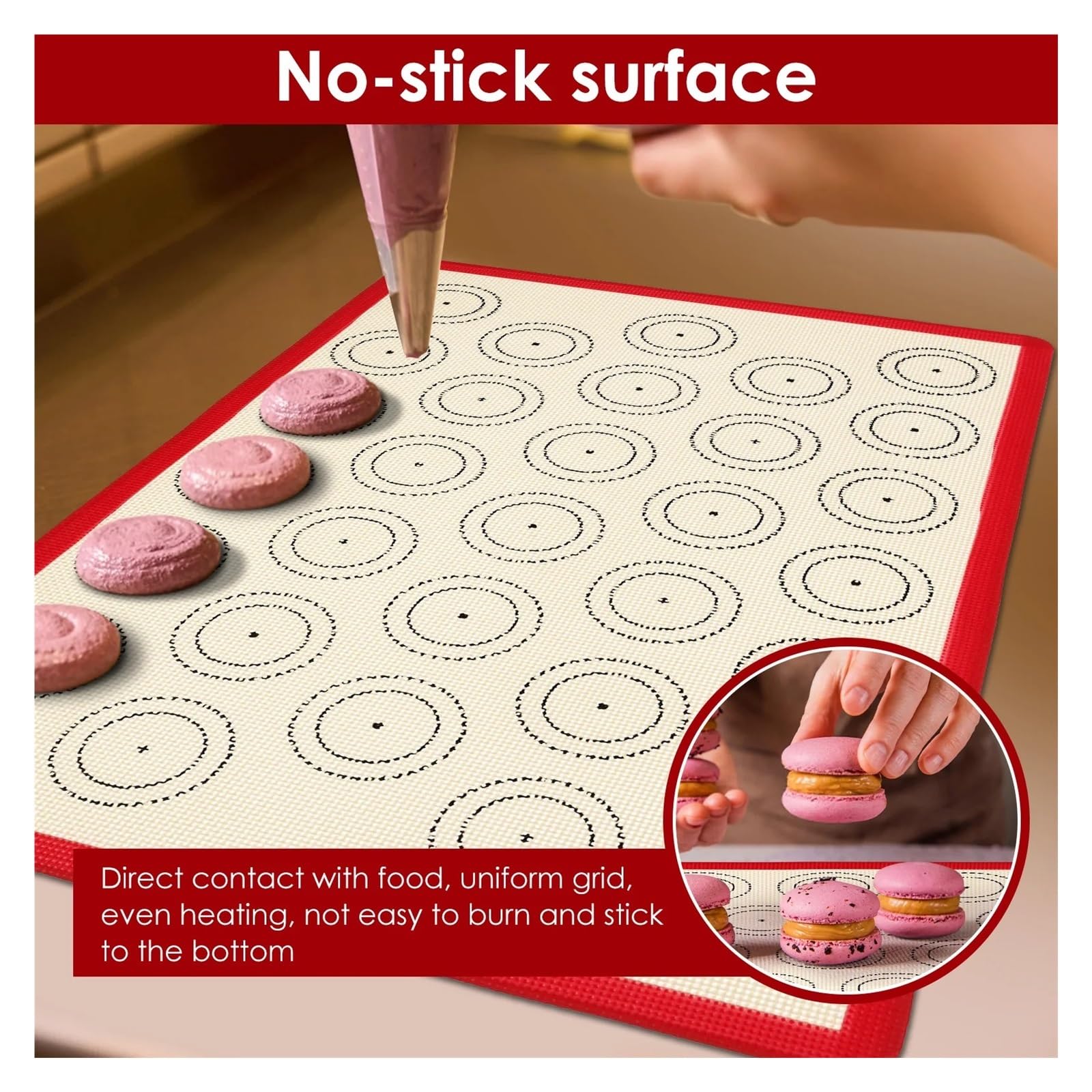 Tappetino in silicone per macaron Tappetino da forno in silicone for macaron, 3 pezzi, riscaldamento uniforme, tappetino for biscotti, antiaderente, for pasticceria, cucina, for stendere l'impasto