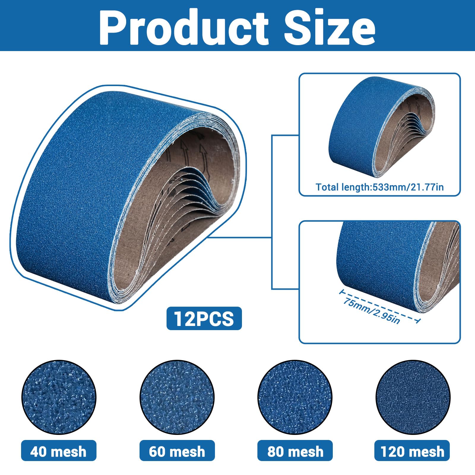 Juego de 12 bandas de lija de 75 x 533 mm, 40/60/80/120 para lijadora de banda lijadora, para lijar, limar, afilar y eliminar el óxido