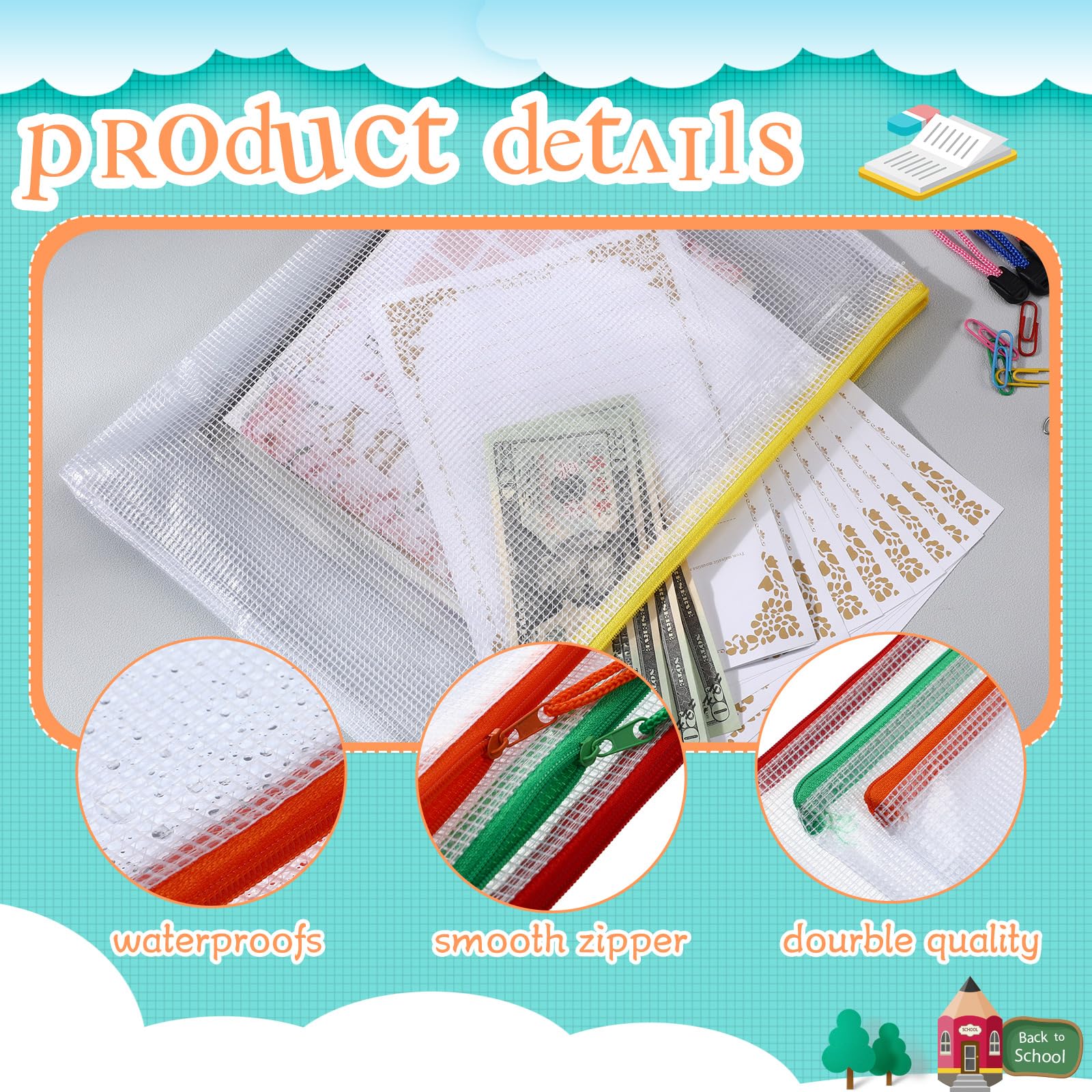 Zhehao 250 sacchetti in rete con cerniera per matite, sacchetti trasparenti in rete con cerniera, formato A4, 33,5 x 24 cm, impermeabili, organizer per documenti, cartelle in plastica per aule e