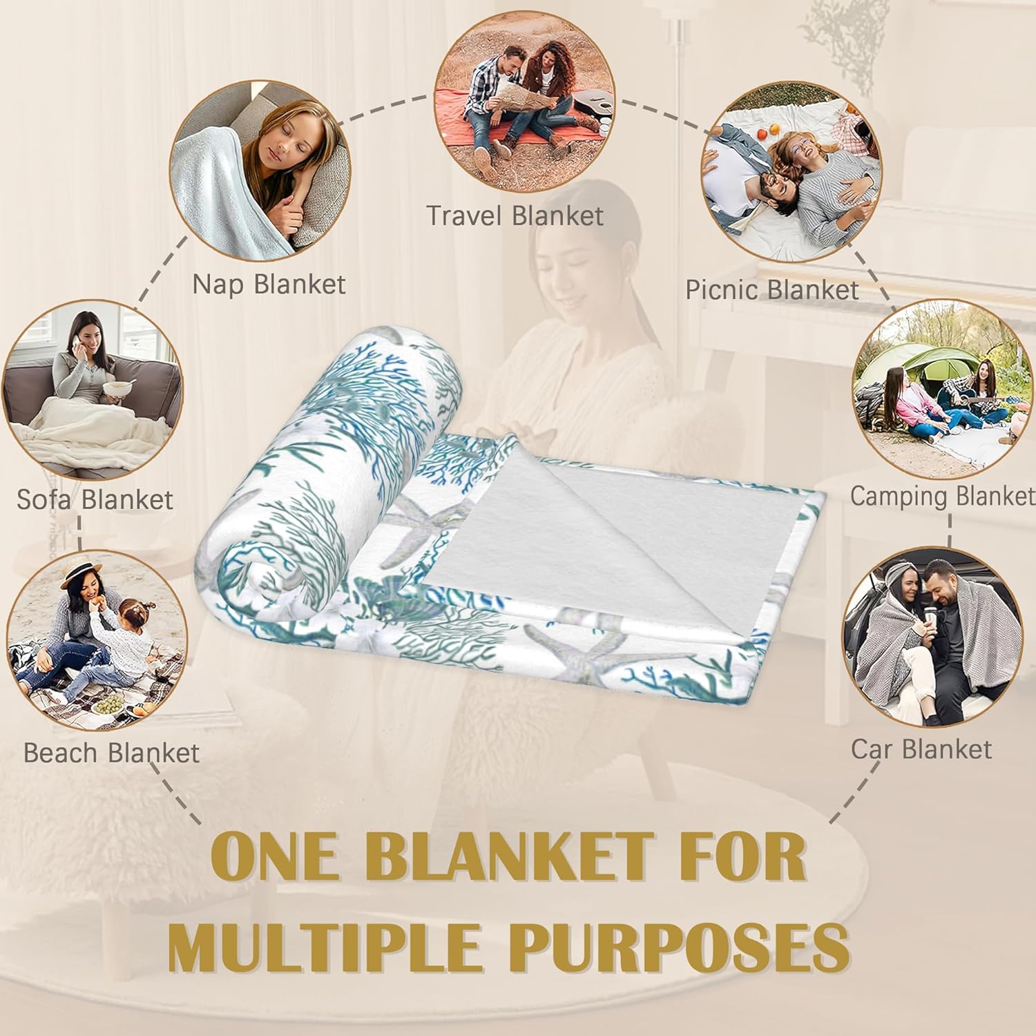 Coastal Beach Blanket,Starfish Seashell Coral Soft Lightweight Throw Blanket for Sofa Couch Bed Room 50x60 inch