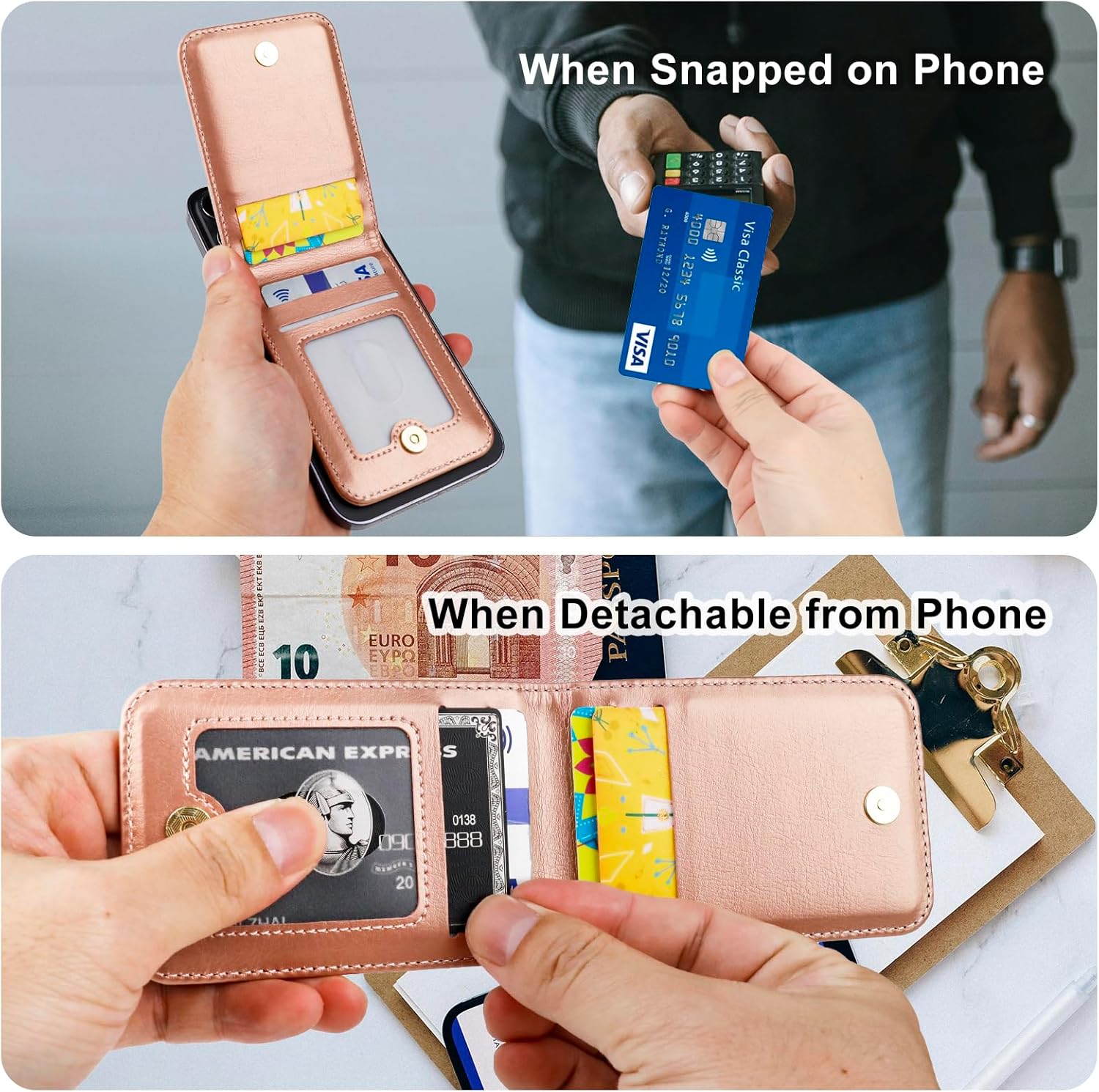 Bocasal for MagSafe Wallet Magnetic Card Holder for iPhone 17/16/15/14/13/12 Pro Max/Pro/Plus/Air, Adjustable Stand, Mag Safe, Leather Holder for Airtag, RFID Blocking, 5 Card Slots (Rose Gold)