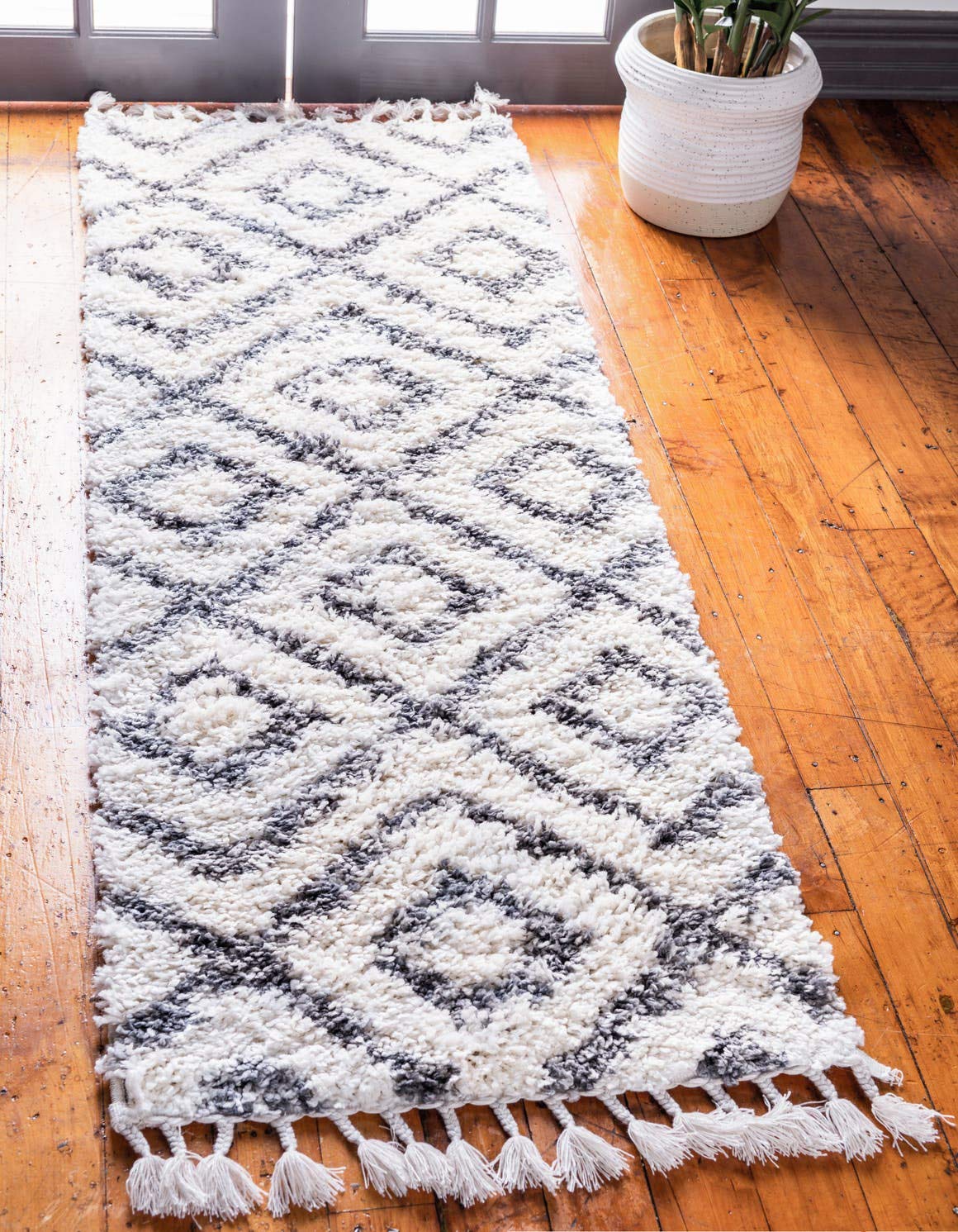 Unique Loom Hygge Shag Collection Alfombra geométrica de Entramado de Felpa acogedora, 2 pies 7 x 8 pies 2, Marfil/Gris