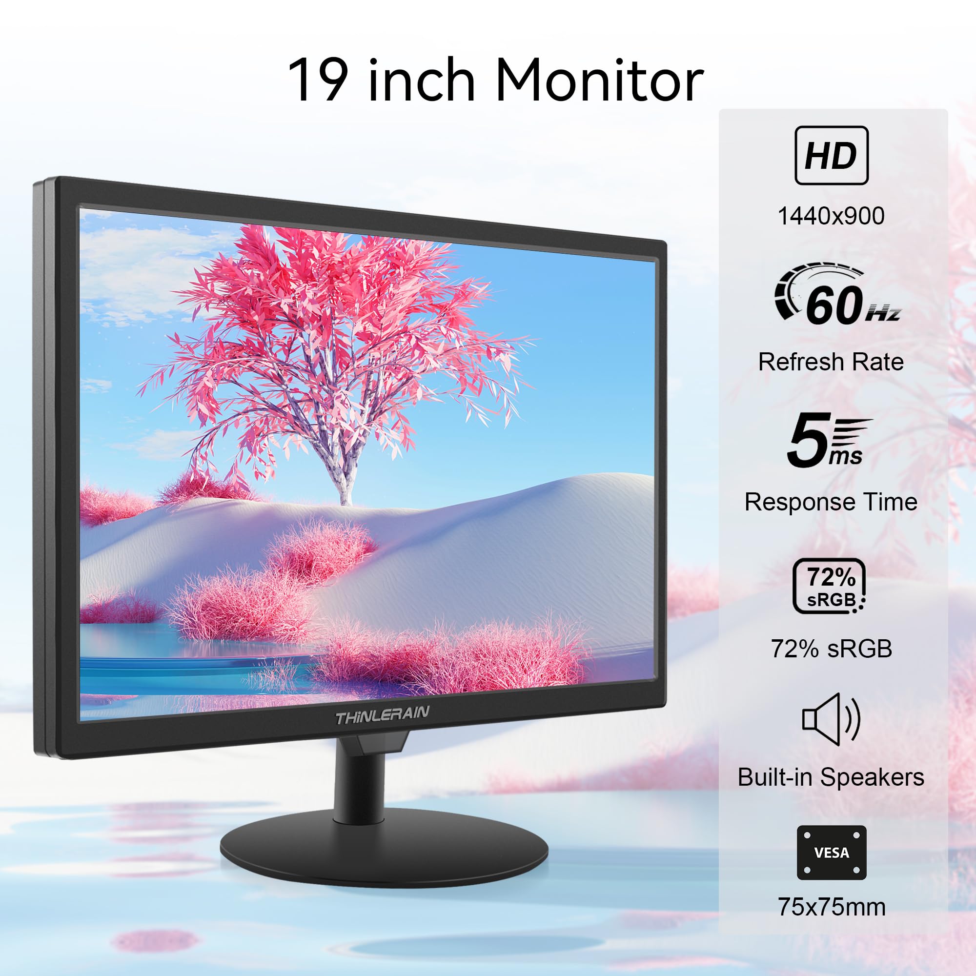 Monitor per PC da 19 pollici, 1440 x 900 LED, con VGA/HDMI/AV/BNC/USB, altoparlante integrato, tempo di risposta 5 m, frequenza di aggiornamento 60 Hz, VESA, nero