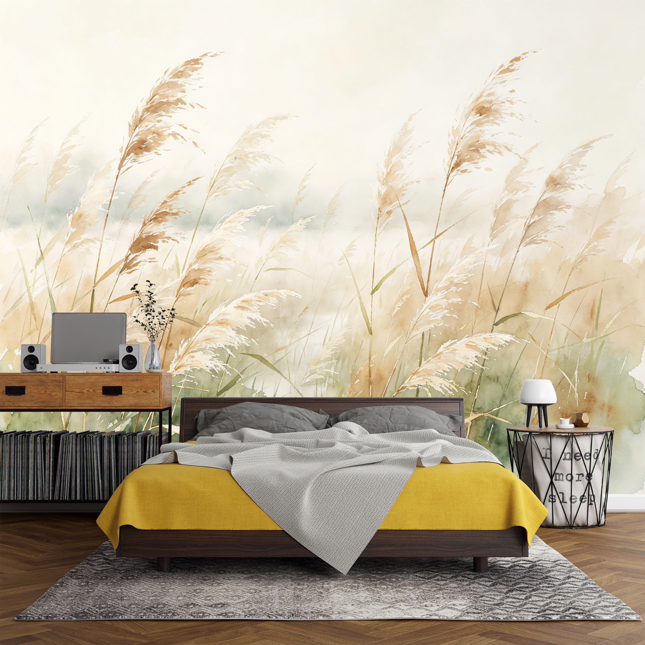Custom Size Wall Mural， Botanical Watercolor Pampas Grasses Meadow Landscape Nature Minimalist，SelfAdhesive Art Prints wall Fabric (No PVC) Removable Wallpaper Living Room Decor
