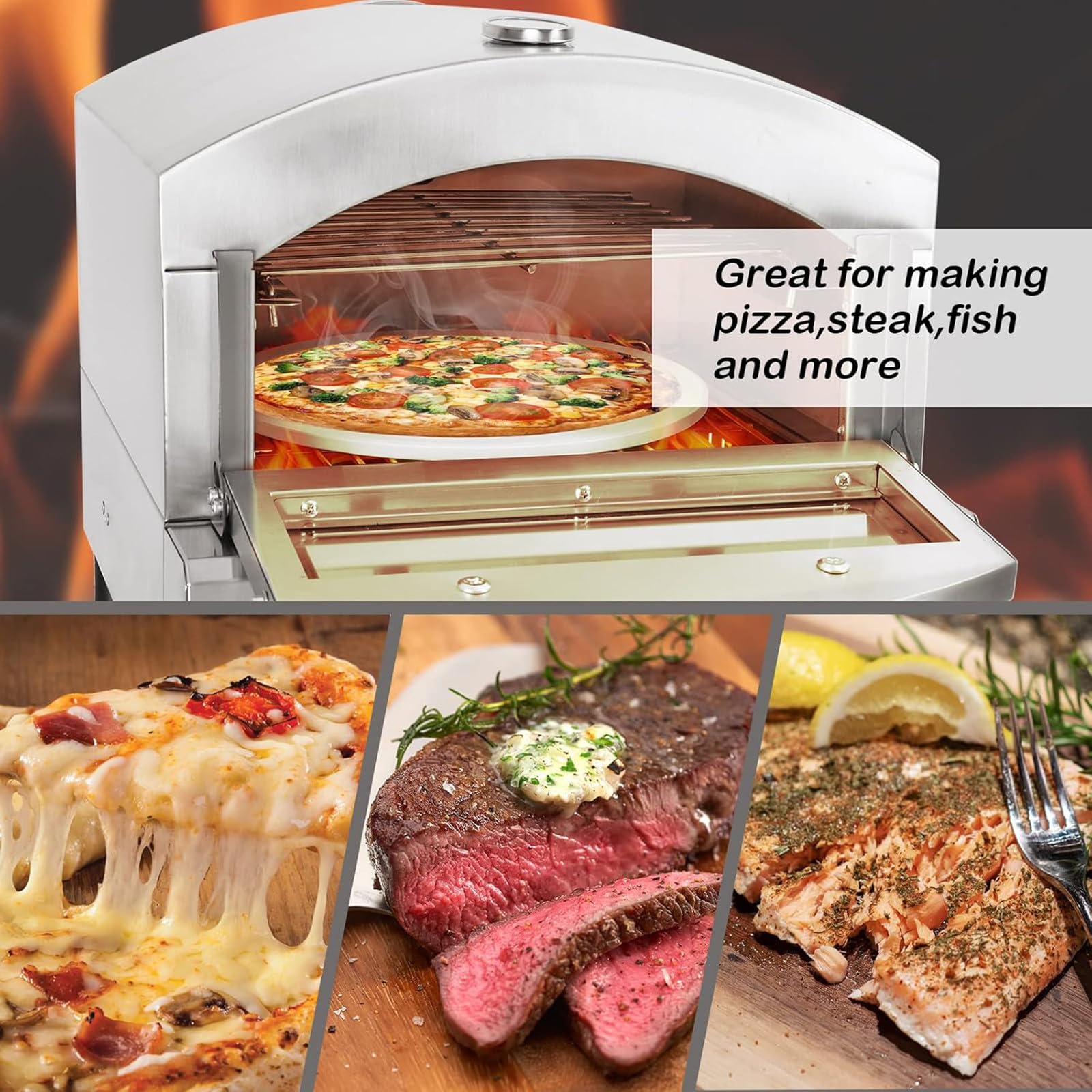 Horno de pizza portátil, para encimera de gas, parrilla de pizza al aire libre, acero inoxidable, con piedra para pizza, para comercial/hogar/cocina