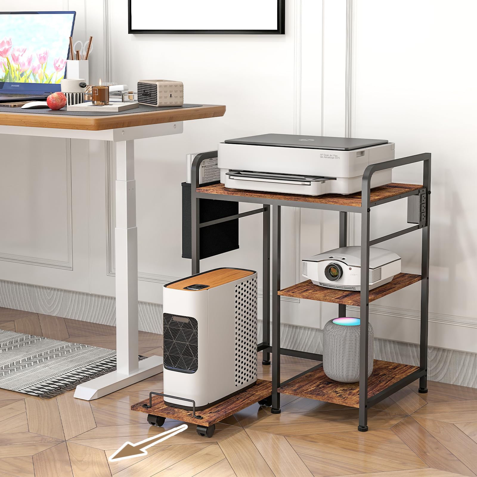 Soporte de impresora para el hogar con estación de carga, 24 x 18 pulgadas para impresora grande, soporte triturador de impresora con almacenamiento para oficina en casa, mesa para máquina de 7