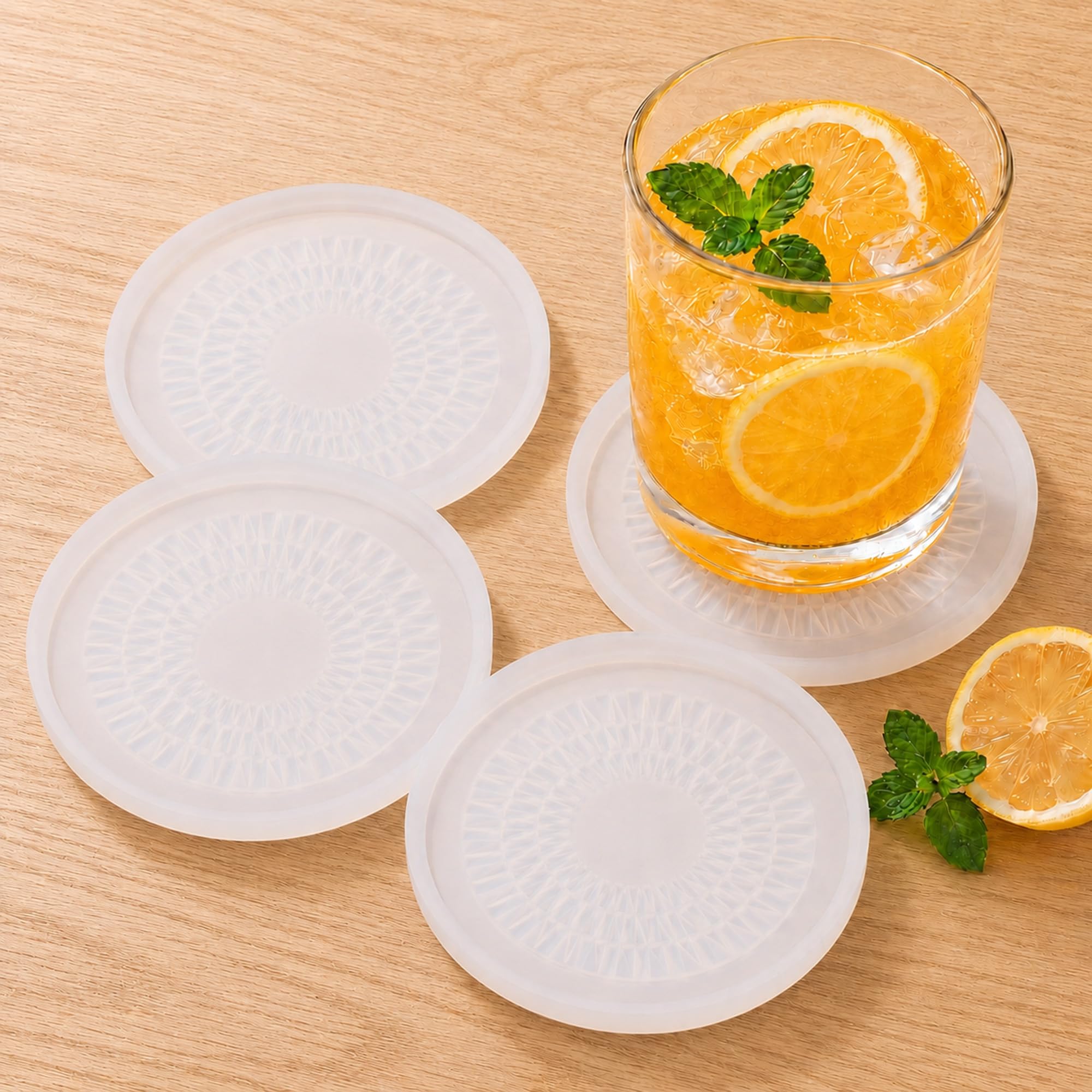 Wingcases Silicone Coasters for Drinks[4 pcs,No Holder] Dual-Sided Starburst Design, Non-Stick Cup Covers & Table Mats, Coffee Table Decor, Translucent
