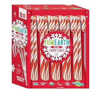 YumEarth Organic Candy Canes - Individually Wrapped Full Size Peppermint Candy Canes - Allergy Friendly, Non GMO, Gluten Free, Vegan, Dye Free Christmas Candy - 10 Count (Pack of 1)