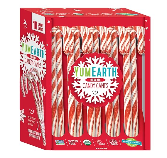 YumEarth Organic Candy Canes - Individually Wrapped Full Size Peppermint Candy Canes - Allergy Friendly, Non GMO, Gluten Free, Vegan, Dye Free Christmas Candy - 10 Count (Pack of 1)