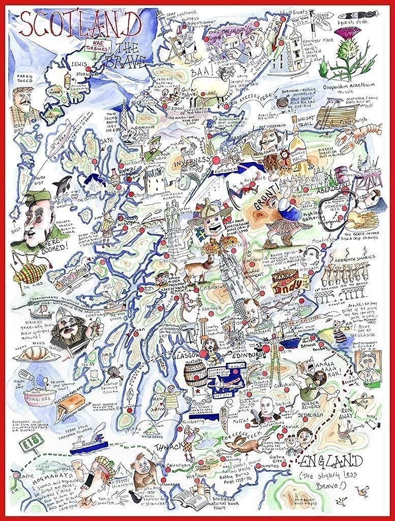 1000 Piece Jigsaw Puzzle - Comical Map of Scotland Artwork by Tim Bulmer - Comical 1000 Piece Puzzles for Adults Colorful Jigsaw Puzzle 66cm X 50cm Funny Jigsaw Puzzles
