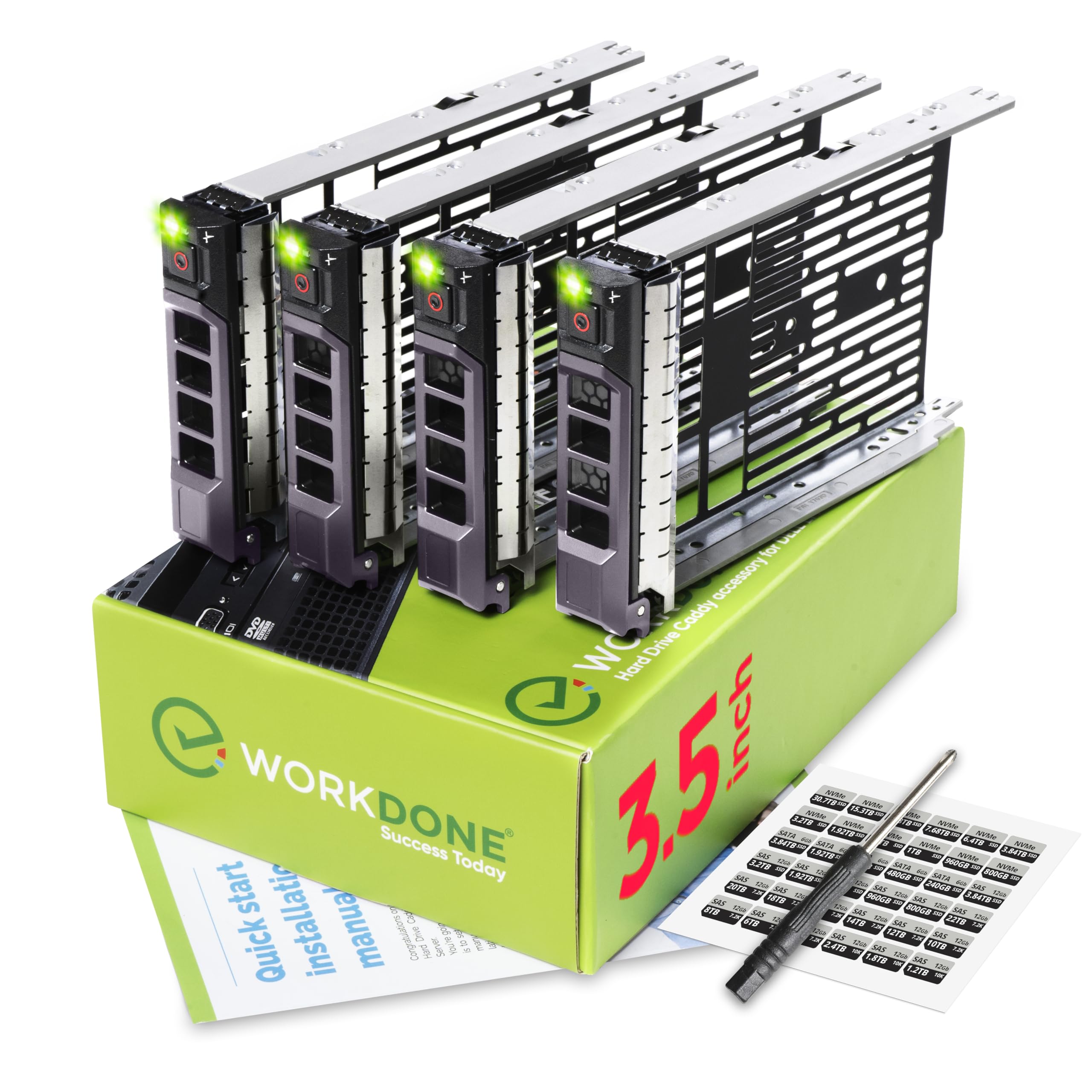 WORKDONE 4-Pack - 3.5 inch Hard Drive Caddy - Compatible for Dell PowerEdge Selected 11-13th Gen. Servers - with Detailed Installation Manual - Sled Front Sticker Labels - Screwdriver