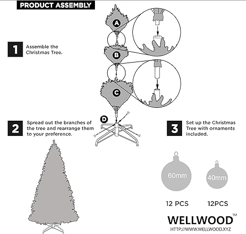 Miniatura 6 de Wellwood Árbol de Navidad de lápiz de oropel plateado de 6 pies con juego de adornos de 24 quilates y soporte de metal