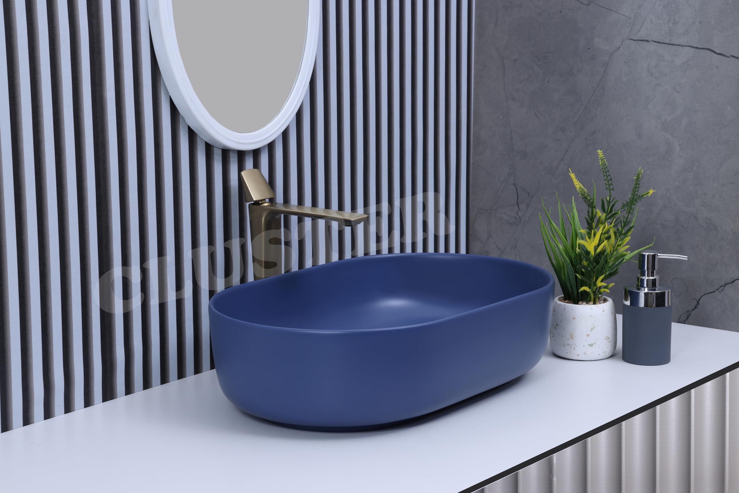 CLUSTER Ceramic Table Top Wash Basin For Bathroom | Countertop Bathroom Sink | Ceramic Bathroom Basin | Over Counter Washvasin for Hotel, Resturent (21 x 14 x 6 Inch) (Blue)