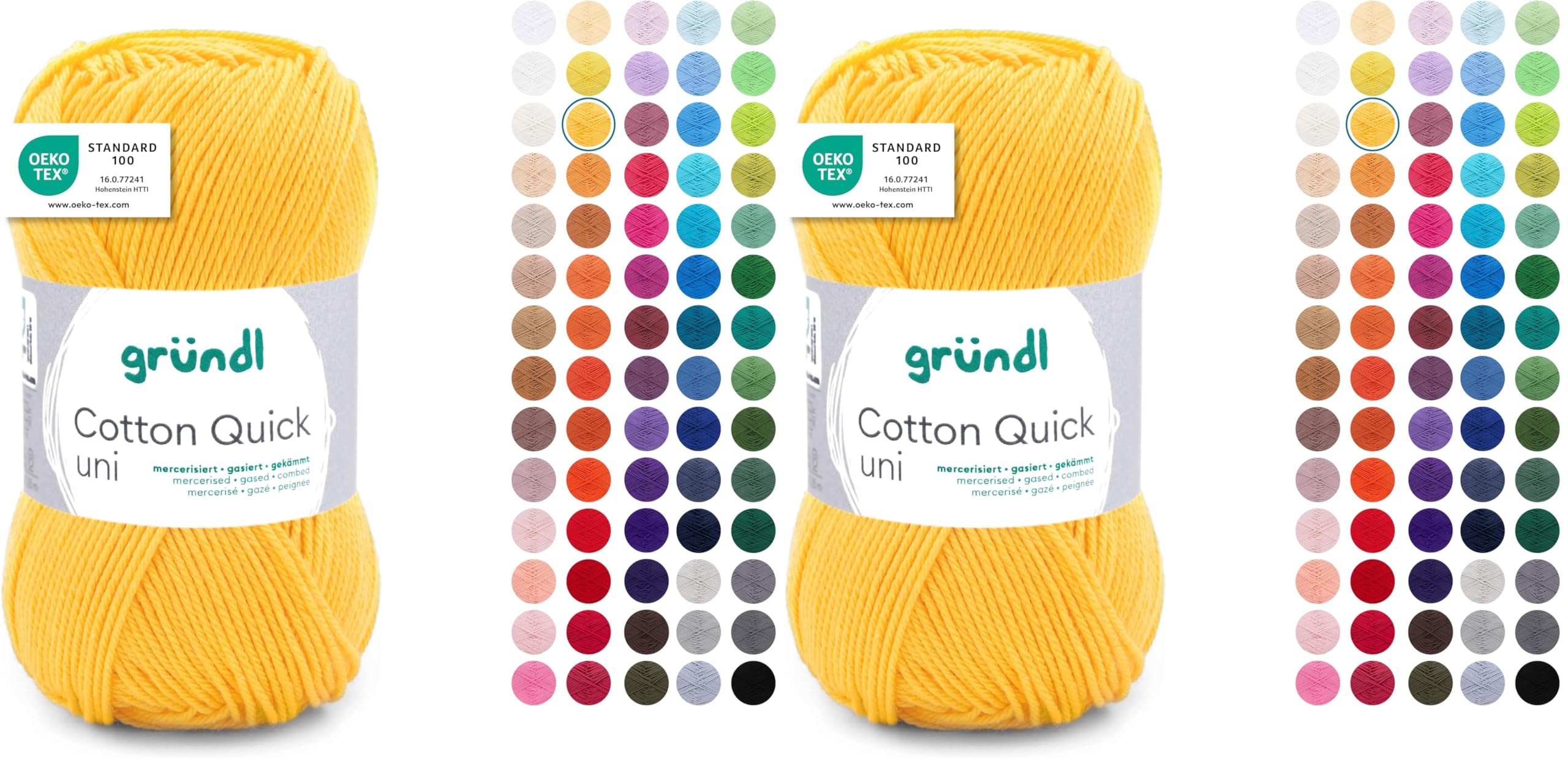 Gründl Wolle Cotton Quick uni - dünne Wolle zum Häkeln - Strickgarn - Häkelgarn - Glänzend und hautfreundlich - 100% Baumwolle - 1 Knäuel 50 g / 125 m - Nadelstärke 3-4 - Maisgelb (Packung mit 2)