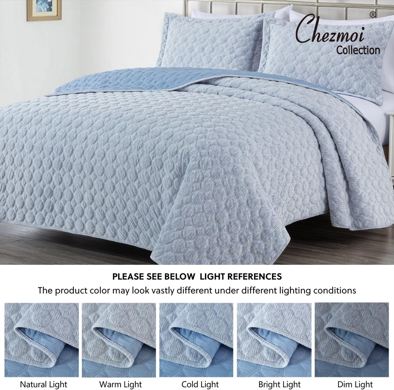 Chezmoi Collection Embossed Velvet Quilt Set Queen Size, Blue - Plush Lightweight Soft Octagon Stitched Velvet Bedding Set with 2 Pillow Shams for All Seasons with Washed Microfiber Reverse
