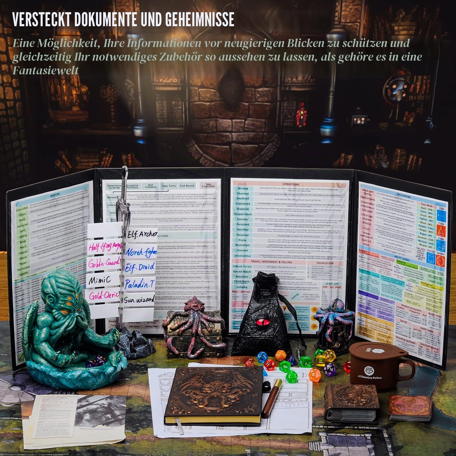 CZYY DND Dungeon Master Screen Vier-Panel mit Taschen, Kunstleder 3D geprägt mit Cthulhu - Inklusive DM-Bildschirmeinlagen und Aufbewahrungskoffer