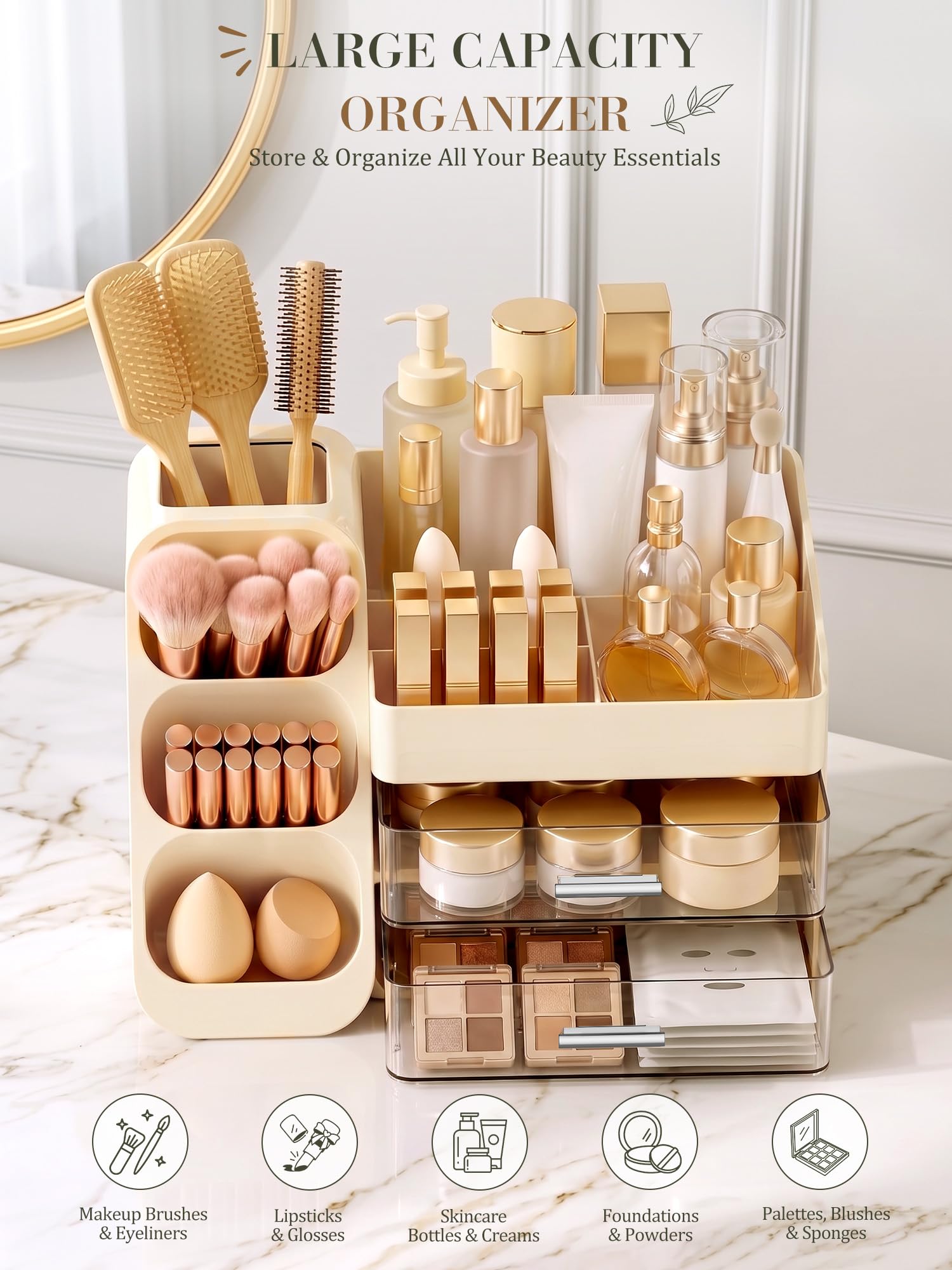 Make-up-Organizer mit Schubladen, großes Fassungsvermögen, für Schminktisch, Badezimmer und Schlafzimmer, Schreibtisch, Kosmetik-Organizer, einfache Aufbewahrung von Hautpflege, Pinseln,