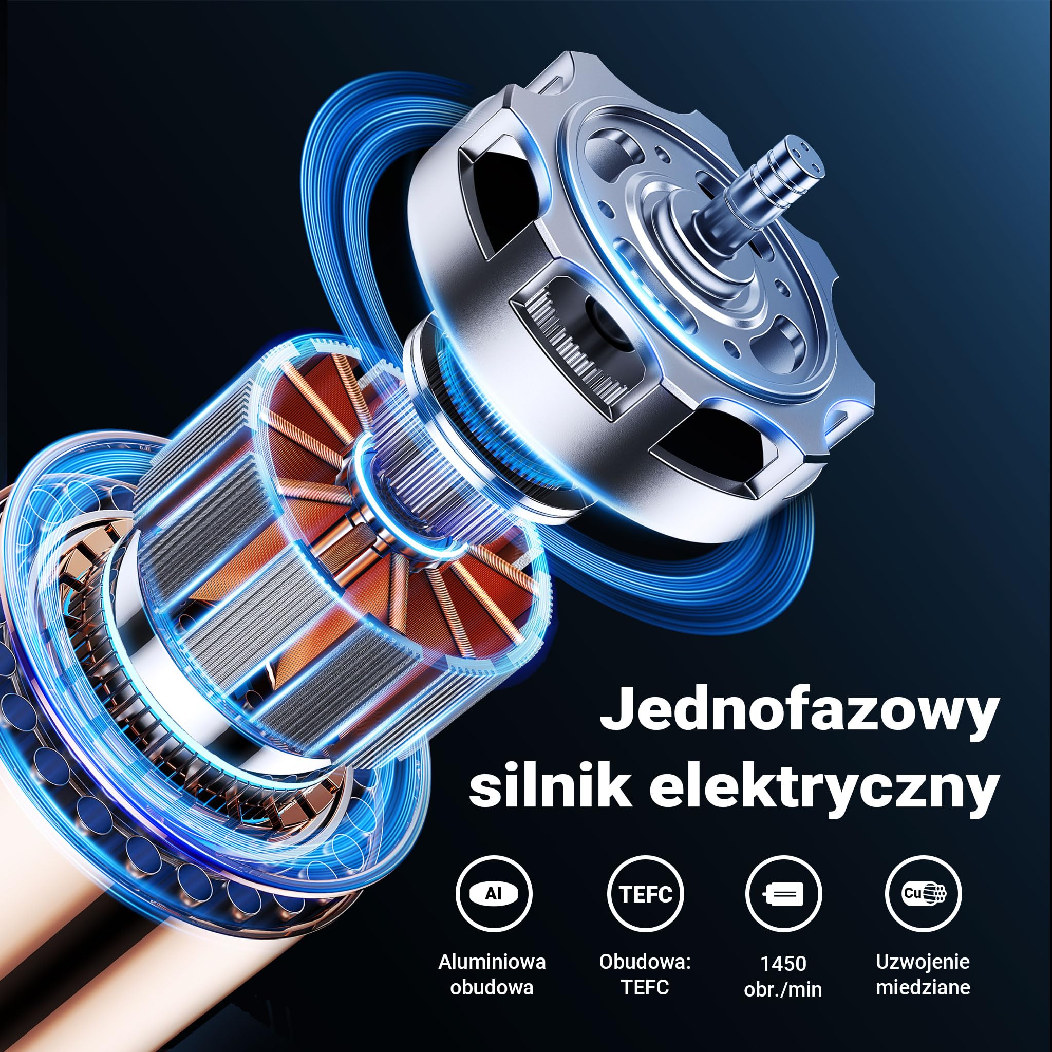 Wiltec Jednofazowy silnik elektryczny, 4-biegunowy 1,1 kW (1,5 KM), obudowa aluminiowa, silnik indukcyjny 1450 obr/min