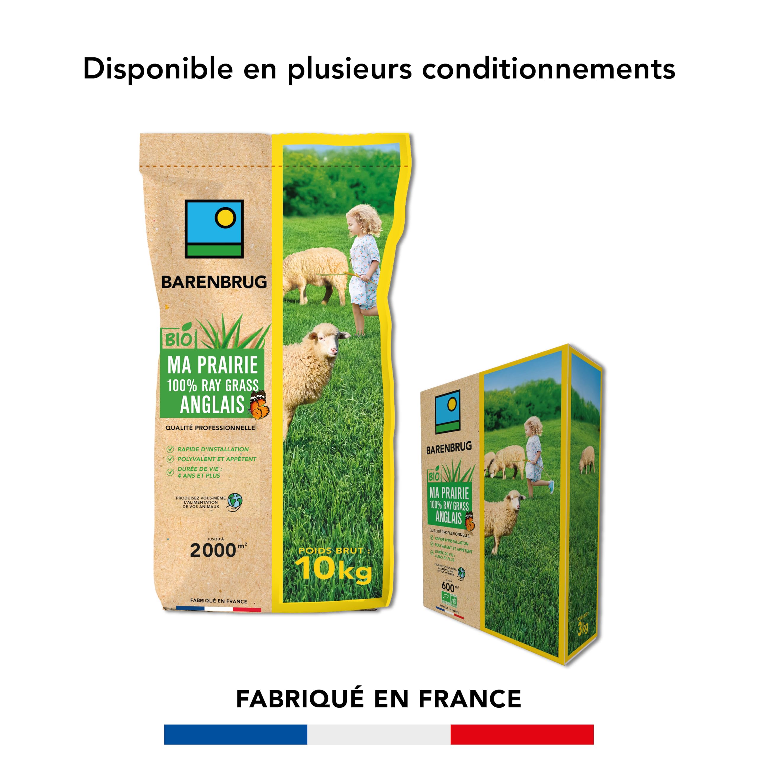 BARENBRUG - Prairie 100% Ray-grass anglais BIO - Pousse Rapide - 3KG | Prairie Polyvalente - Très Résistante dans le Temps - Fourrage pour Animaux - Fabriqué en France