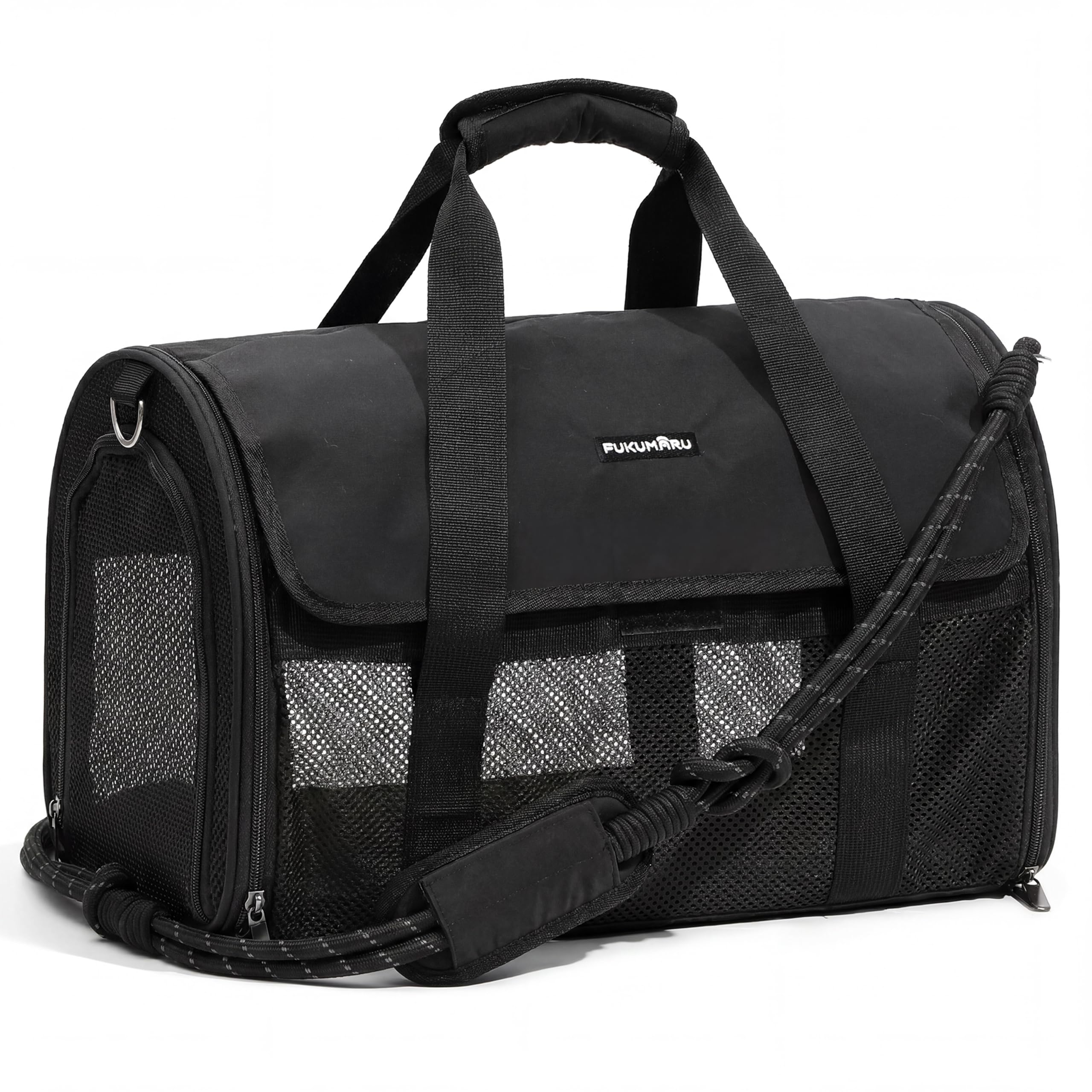 FUKUMARU transportín para Gatos y Perros, pequeño, Ligero y Transpirable, 46 x 28 x 28 cm, homologado para Viajar en Cabina, Plegable y Blando, con Malla antirrascado, Color Negro