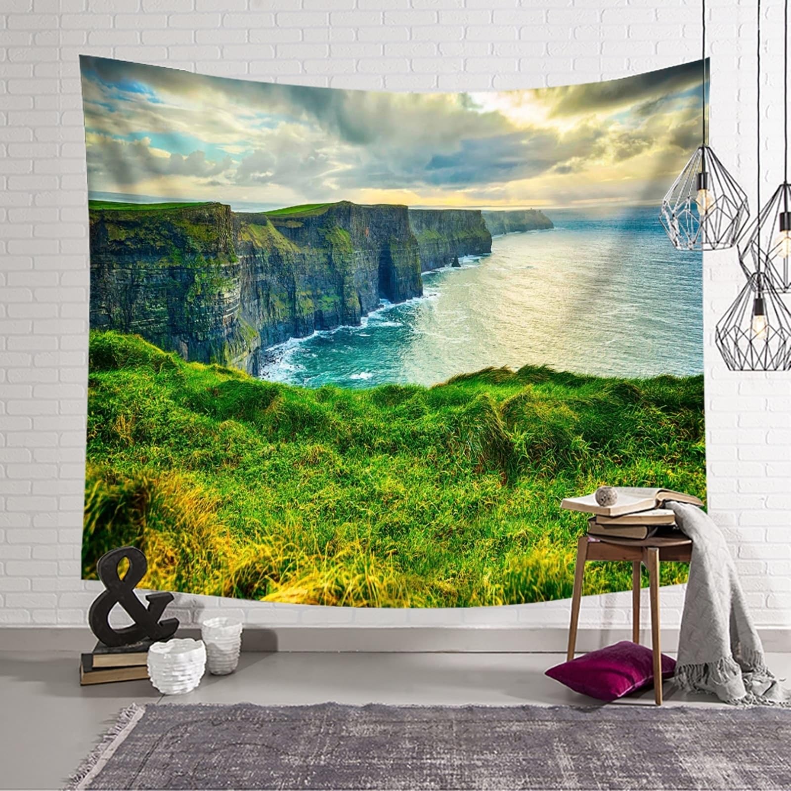 Skcess Zielone gobeliny do salonu poliester, morski naturalny krajobraz jadalnia gobelin 260 x 240 cm