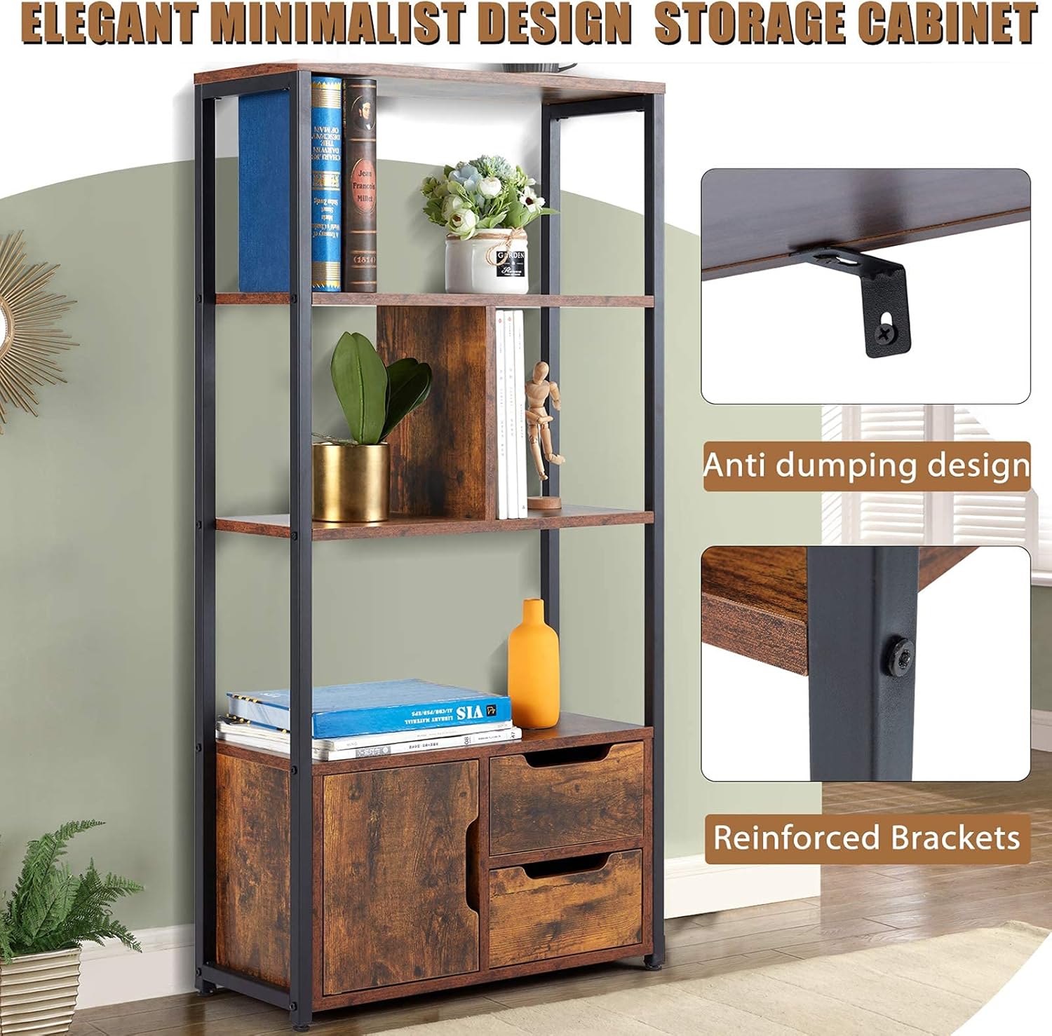 ECOTOUGE Bookcase with 3 Drawers, Wooden Storage Rack Shelves with Open Back, Stable Metal Frame Shelves Organizer, Industrial Style Cabinet for Books, Decorations in Living Room, Office, Brown : Home & Kitchen