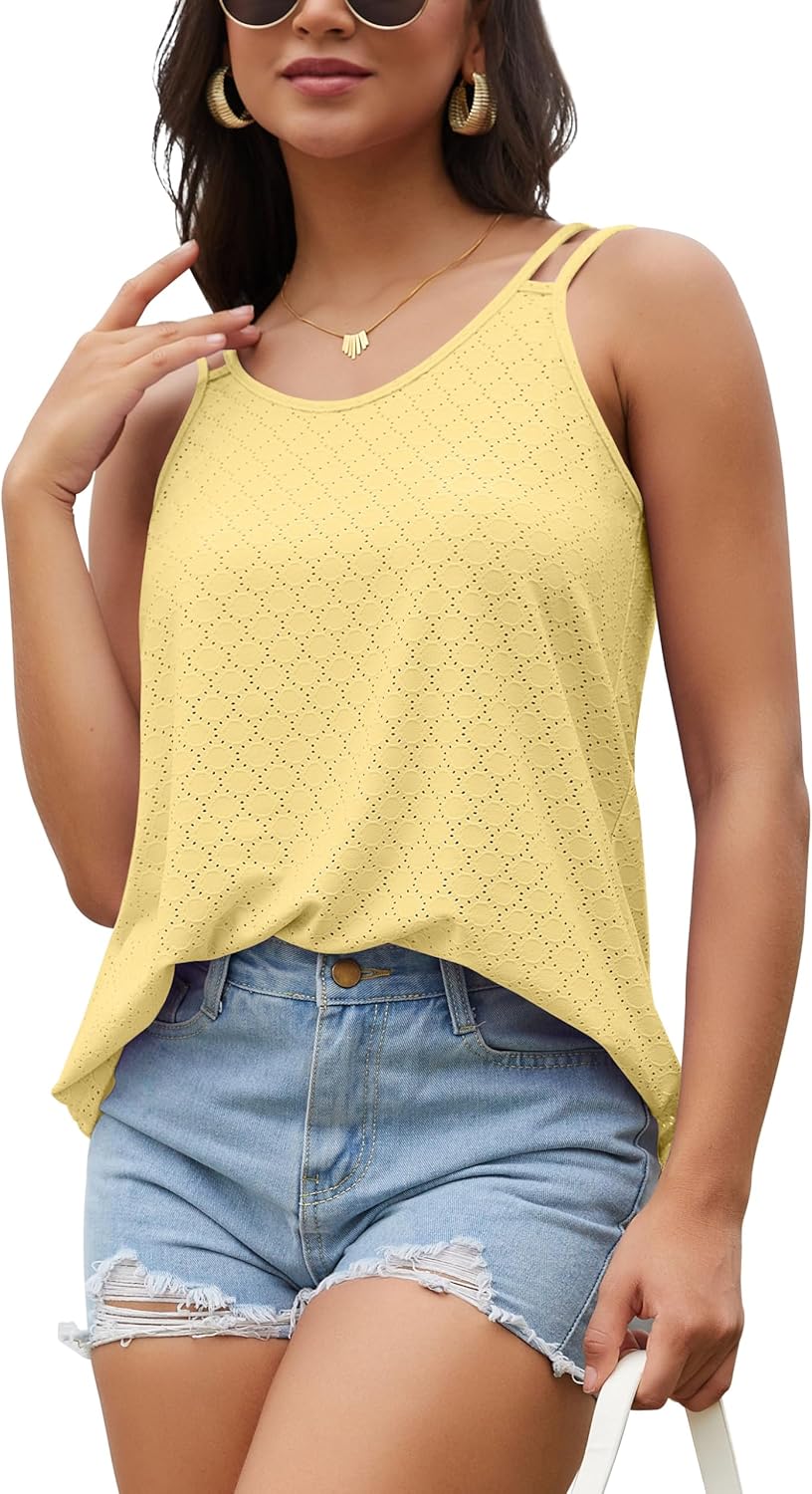 RUBZOOF Women Tank Tops Eyelet Sleeveless Camisole Casual Spaghetti Strap Scoop Neck Cami Summer Beach Flowy Shirts - Image 2