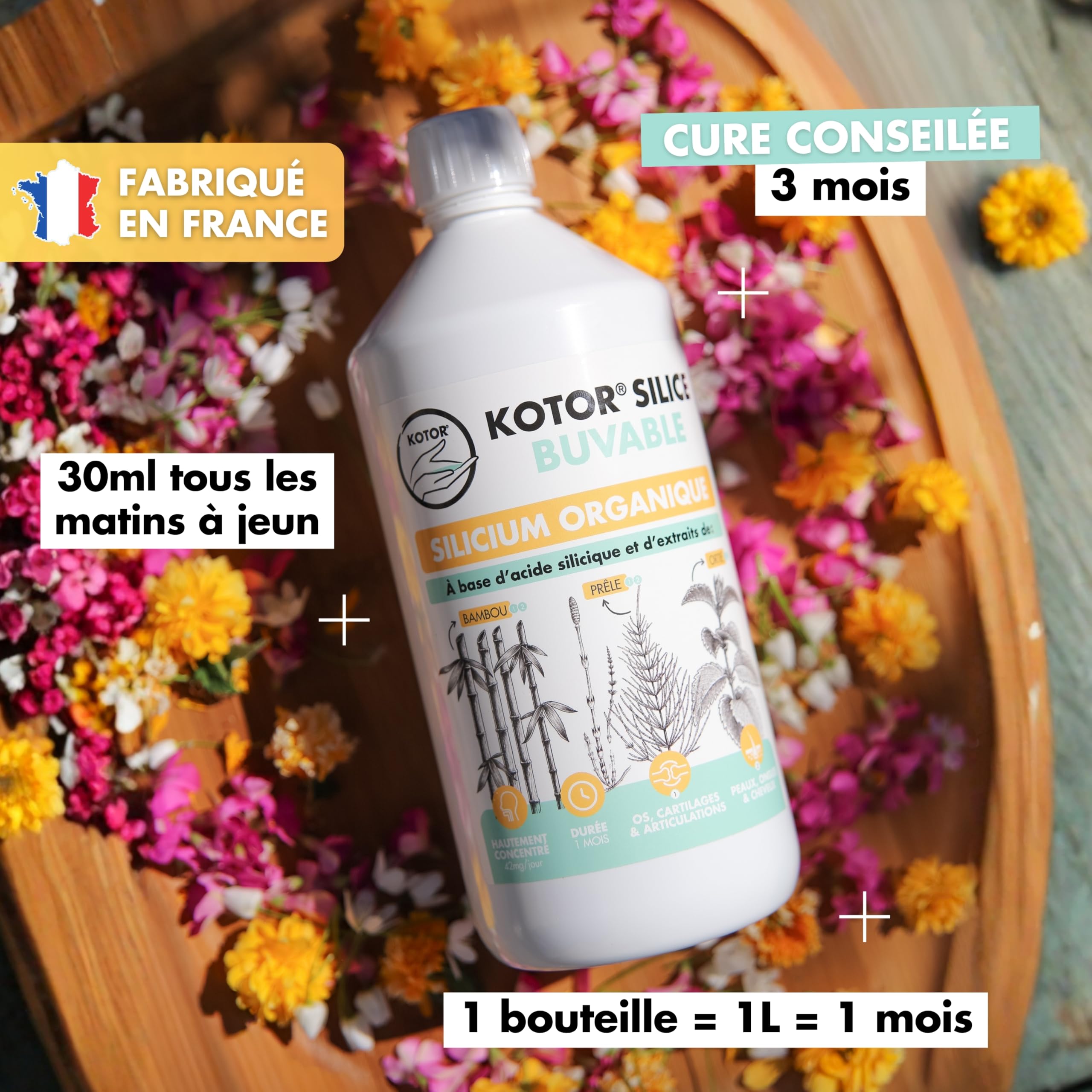 KOTOR SILICE BUVABLE 1L | Silicium Organique Francais & Naturel | Fortement Dosé | Santé des Articulations, Cartilages, Os, Peau, Cheveux, Ongles | Silicium + Ortie + Prêle + Bambou | 1 mois
