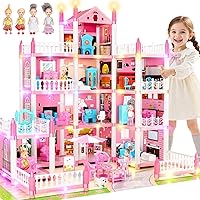 LUYE 4-Story DIY Dollhouse for Girls Ages 6+ - 11 Rooms, Furniture, String Lights, Pretend Play Kit