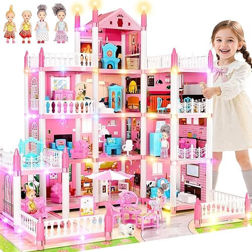 4 Stories Doll House for Girls, DIY Dollhouse Accessories Playhouse with Furniture and 11 Rooms, Pretend Play House with Lights for Kids, Portable Building Dolls Playset Toys Kit Gift for Ages 6+