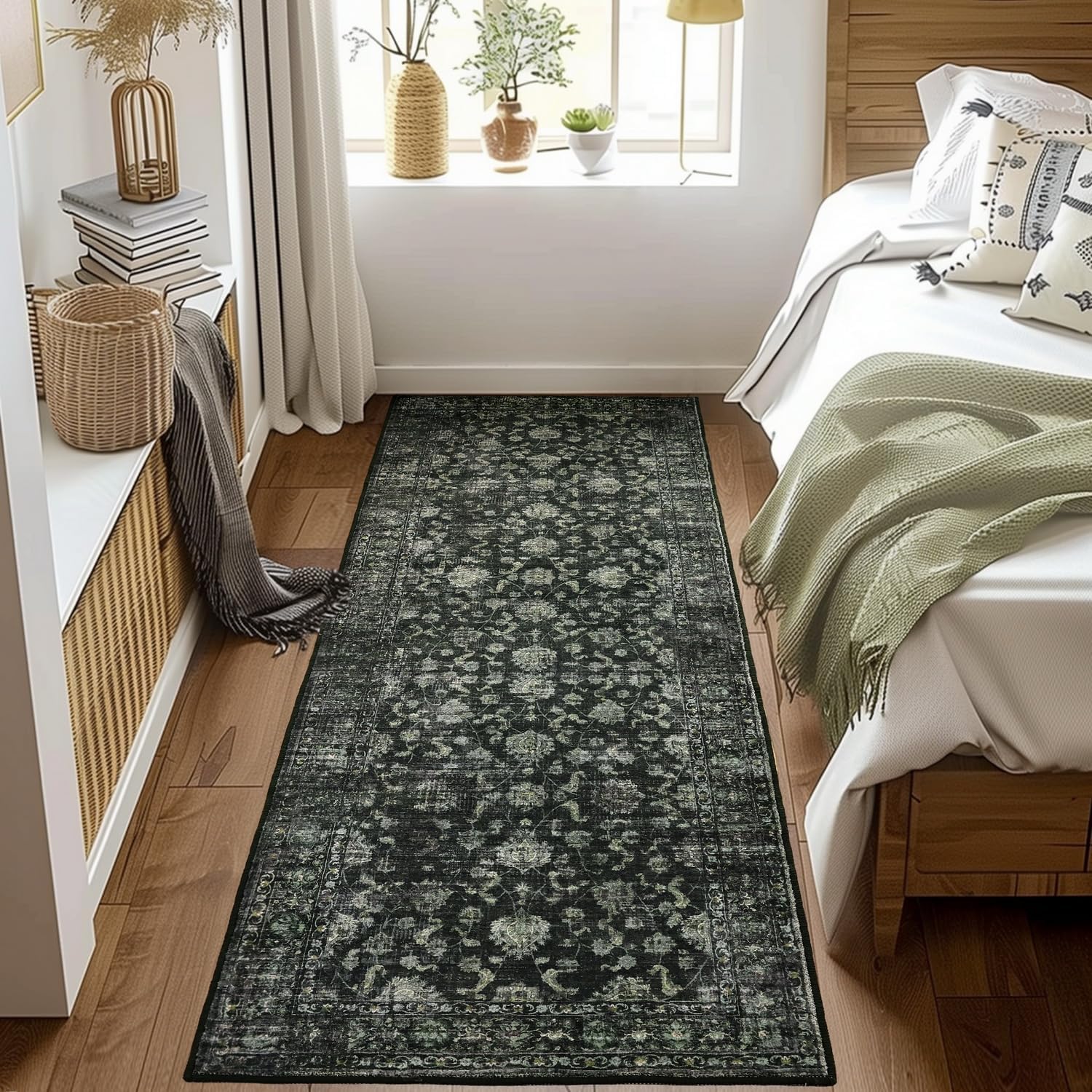 Green Floral 2' x 6' Washable Non-Slip Runner Rug