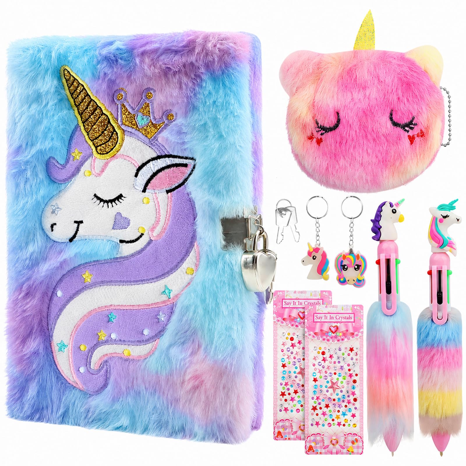 Unicorn Secret Diary for Girls:FICOFISE Magical Stationery Gift Set Unicorn girls diary for 6 7 8 9-13 Year Old Girls - Lockable Fluffy Notebook with 2 Pens, Glow Keyrings & Stickers (160 Pages)