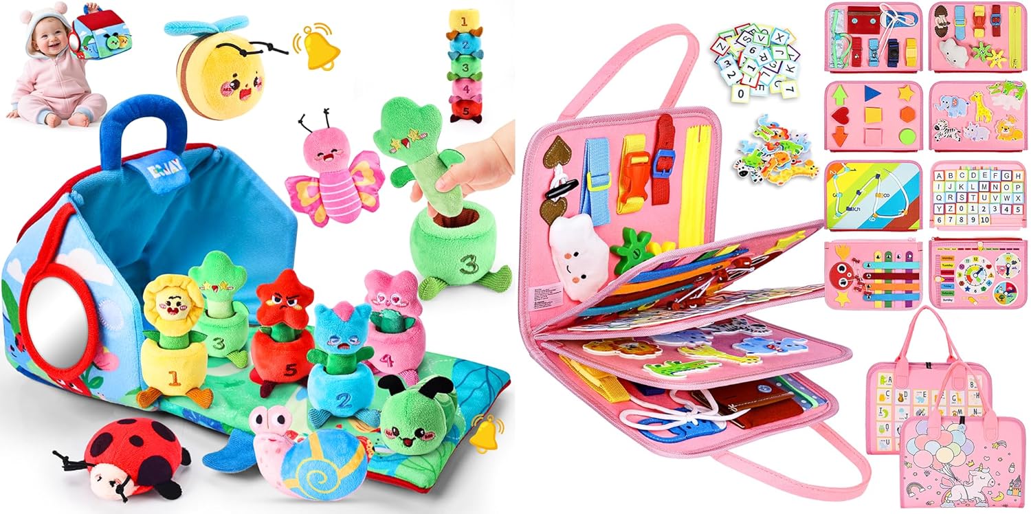 Esjay Montessori Garden Plants and Bugs for Toddler with Busy Board, Planting Stacking Color Matching Rattle Squeaker Sensory Learning Baby Toy, Fairy Horse