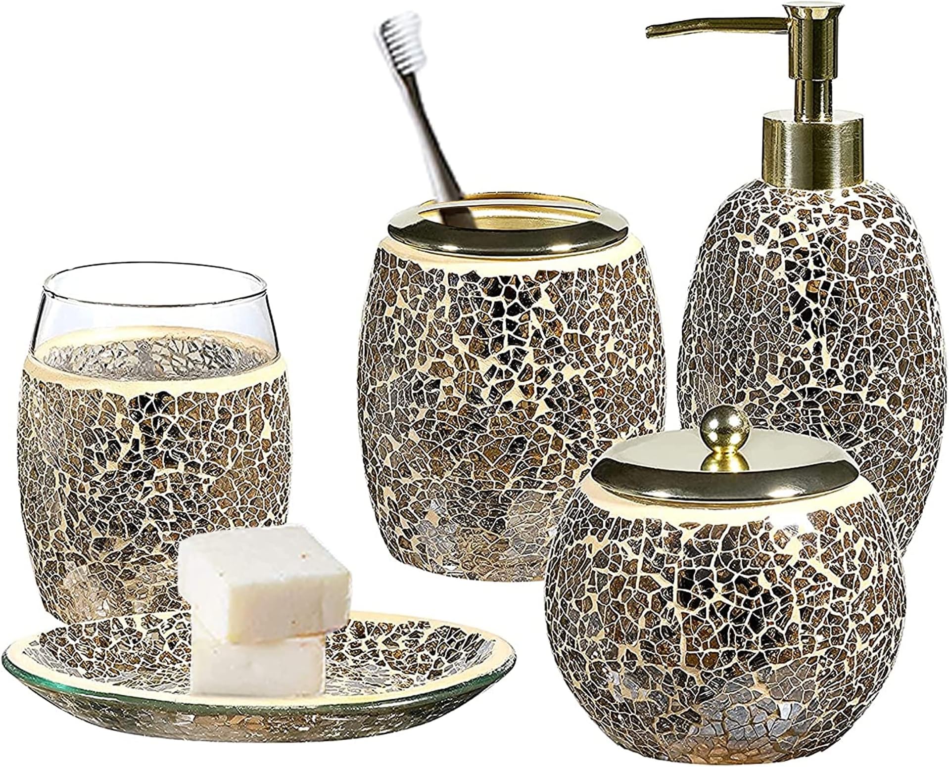 WHOLE HOUSEWARES | Bathroom Accessory Set | 5-Piece Decorative Glass ...