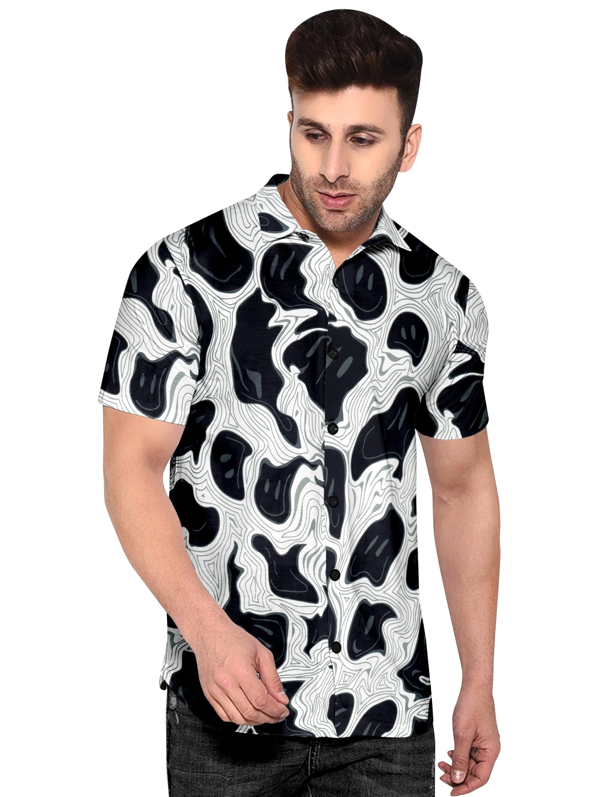 Men’s Premium Lycra Mesh Shirt with Roll-Up Sleeves, Button-Down Front & Rounded Hem | Soft Stretchable Fabric for Casual, Party & Formal Wear