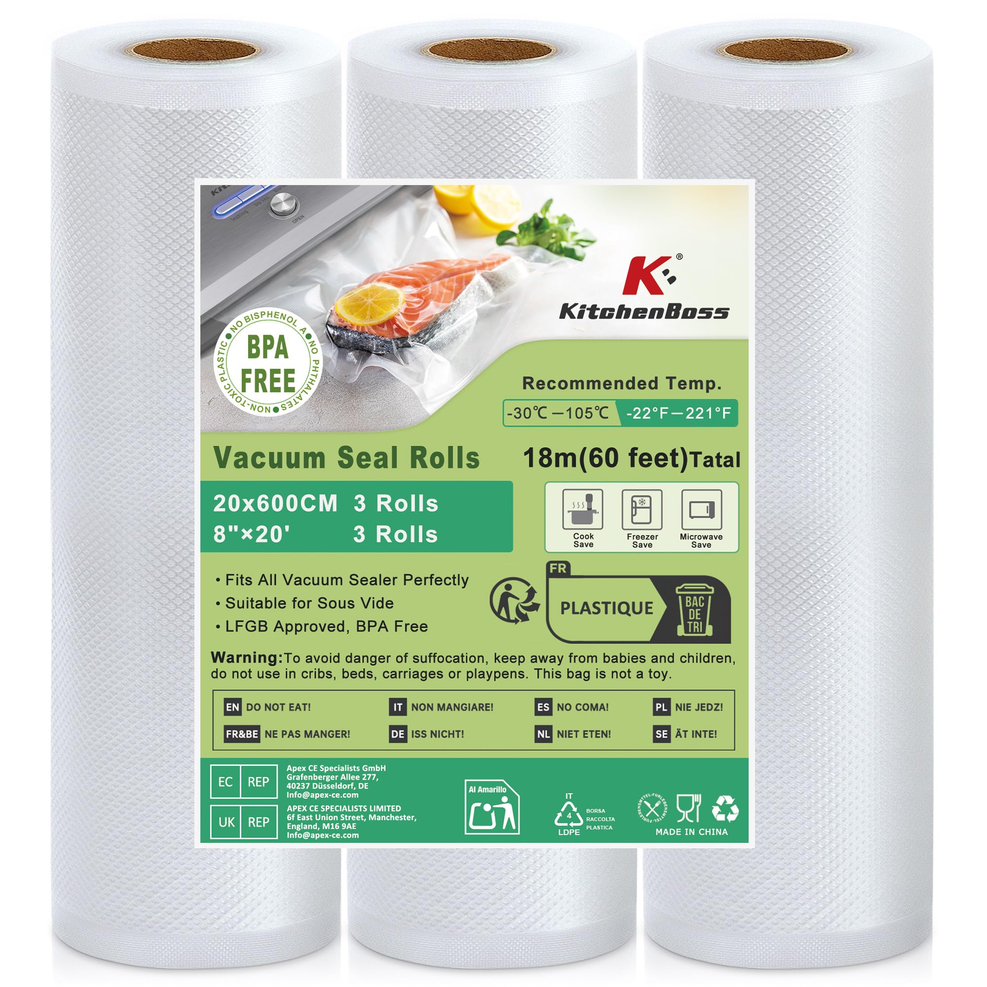 KitchenBoss Food Vacuum Sealer Bags: 20 x 600 3 Packs Vacuum Seal Rolls, BPA Free Food Storage Saver Bags for Vacuum Sealer Machine | Sous Vide Cooking, Boiling, Freezing and Microwaving Total 18M