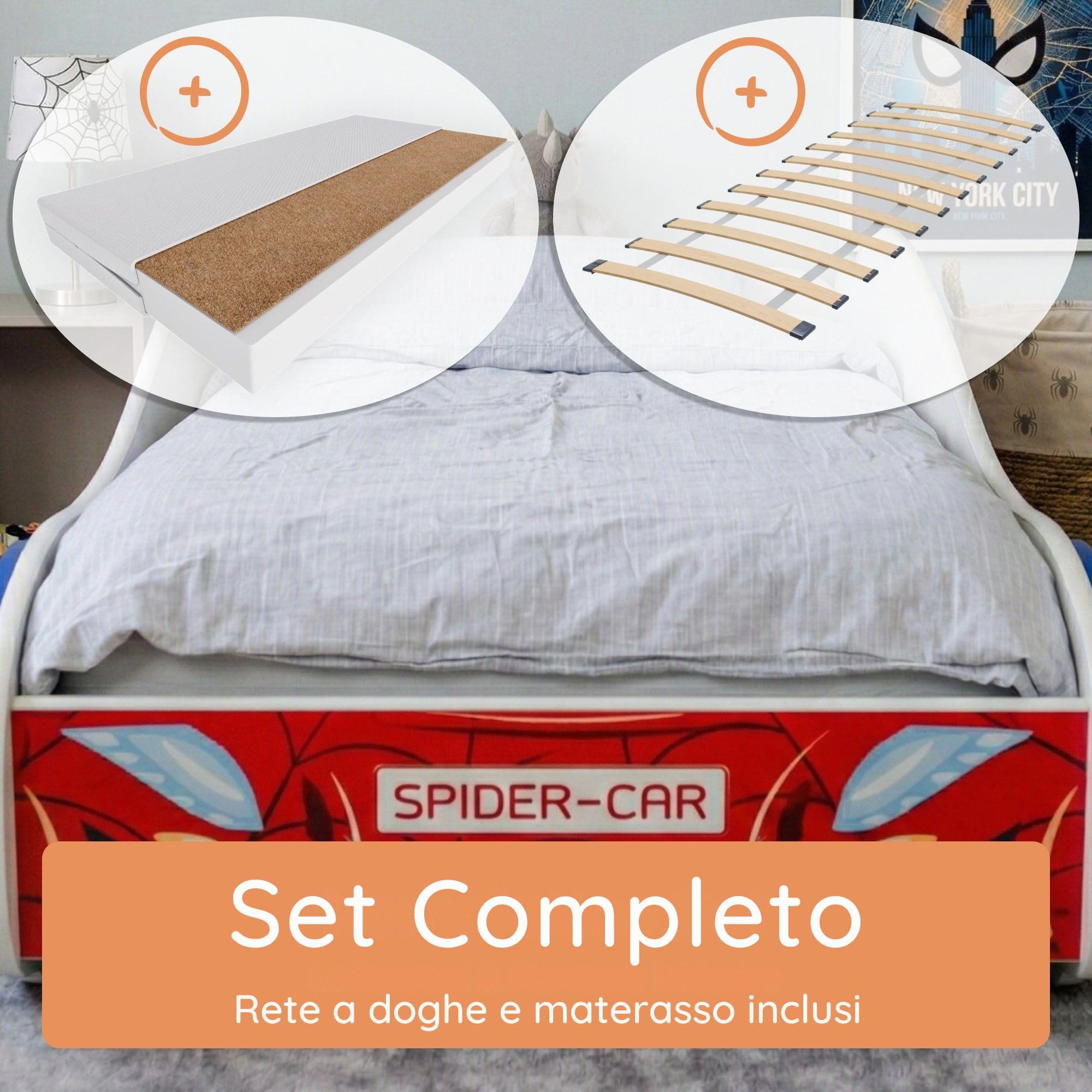 Lettino con materasso 80 x 160 cm, lettino per bambini con rete a doghe 80 x 160 cm, letto per bambini da corsa Spider