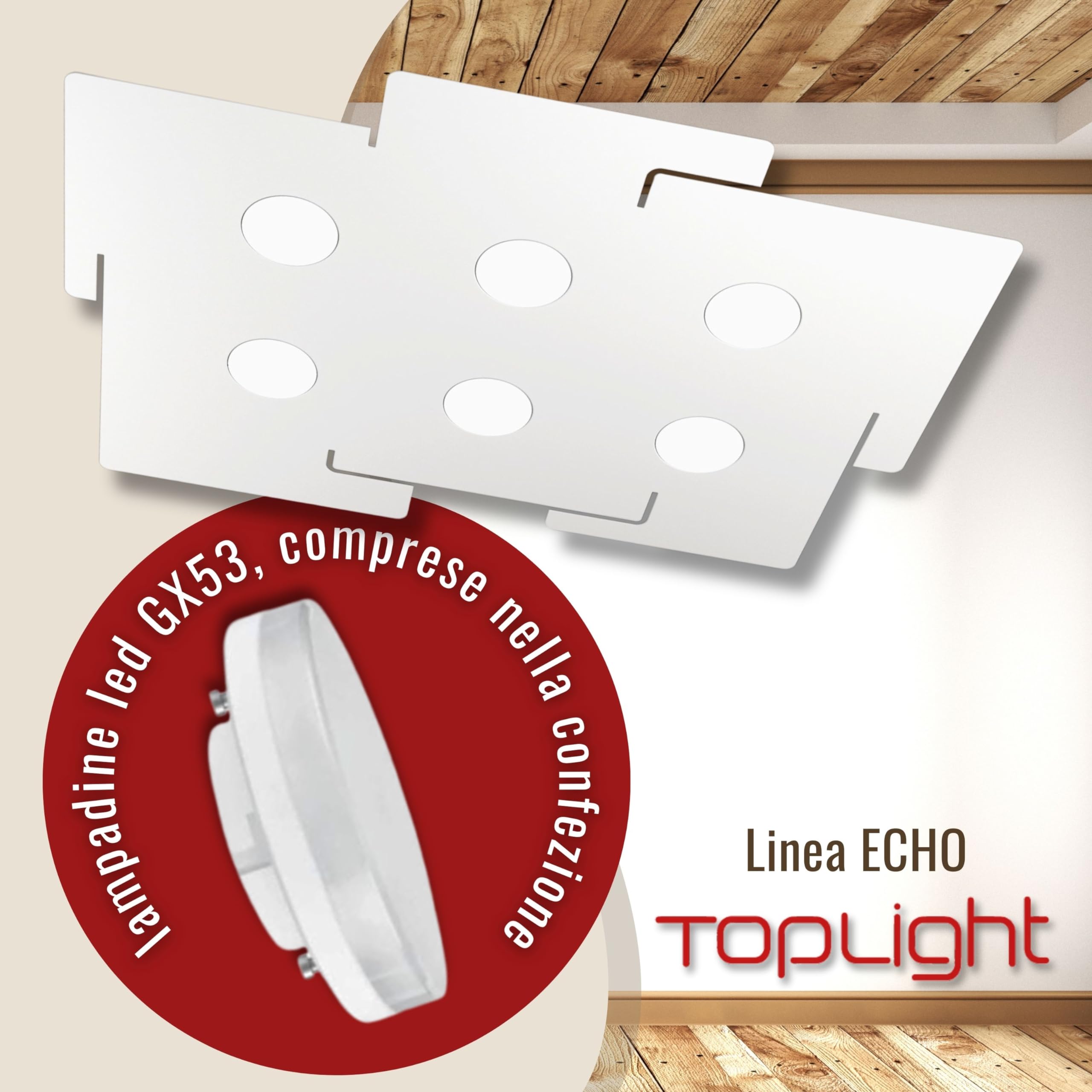 BOGGIA TOP LIGHT Plafoniera Led Linea Echo 1161/6 sei punti luce moderna elegante piatta metallo verniciato bianco parete soffitto – lampadine Led GX53 comprese (Luce Naturale 4000 K)