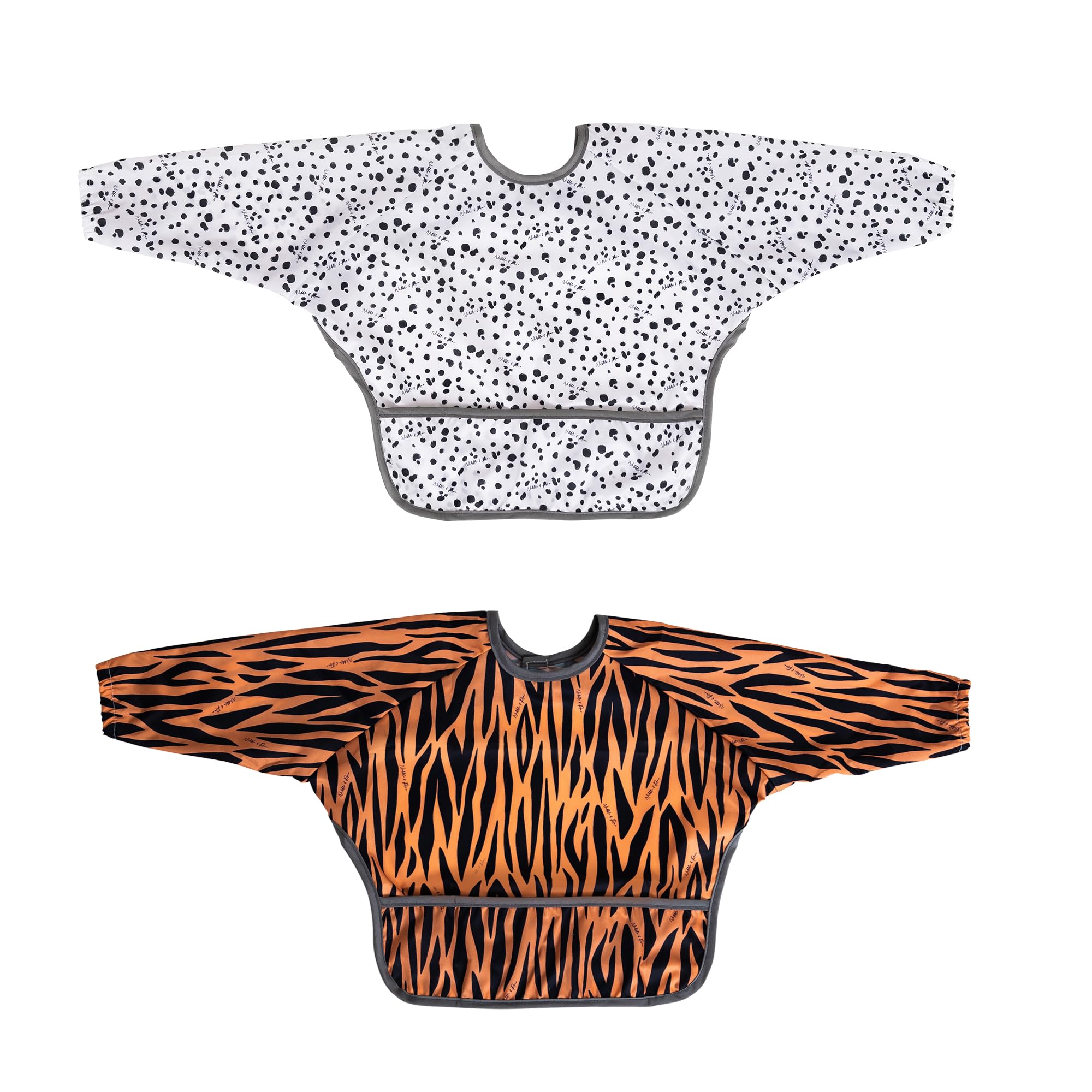 Nibble & Roar®️ Sleeved Bib Weaning Bib Baby Bib Toddler Bib Washable Wipeable Stain and Odour Resistant 6-24 months TWIN PACK (Dalmatian & Tiger)