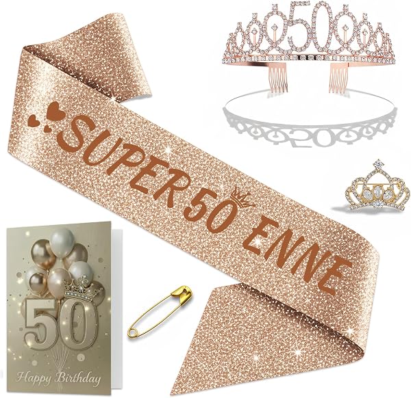 NEONSKY Ladies Birthday Headband with Crown and Mini Crown Brooch Elegant Gift Set for 18 21 30 40 50 60 70 80 Years Old, Includes Personalised Sash, Crown, Card with Kraft Envelope (50 Years) - 1