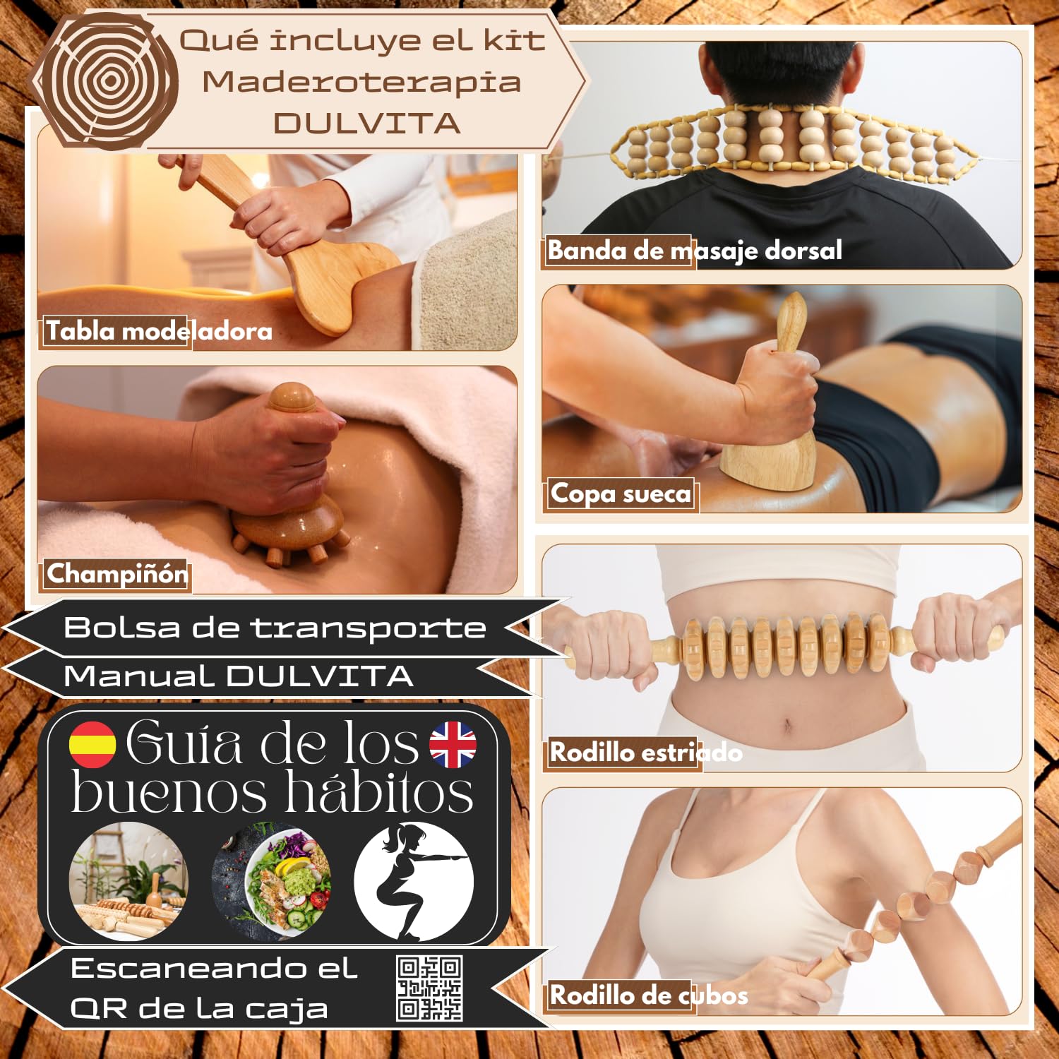 Kit Maderoterapia Corporal Profesional, con 6 Elementos de Maderoterapia y Bolsa Transporte, Set de Maderoterapia Celulitis que Incluye Guía de Buenos Hábitos