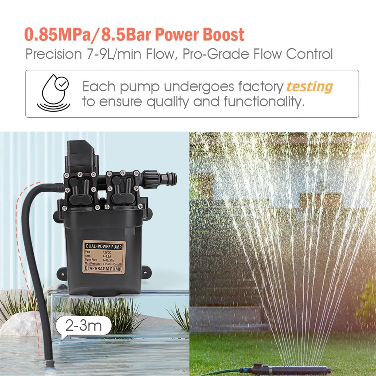 Bomba de Diafragma, Bomba de agua de diafragma autocebante de 12 V CC, presurizada, de 7 a 9 l/min, for jardín y agricultura, de alta presión con accionamiento automático.