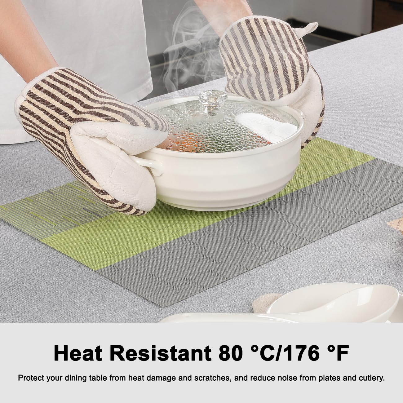 Chitomars Placemats Set of 8, Vinyl Woven Heat-Resistant Place Mats, Grey Grass Green - Image 5
