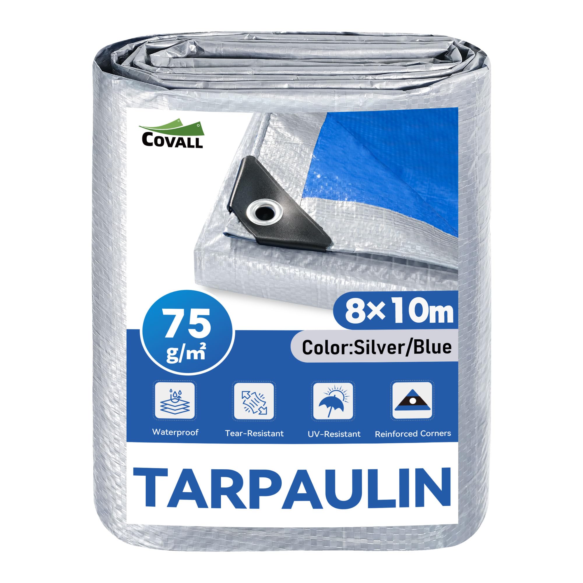 Covall Tarpaulin 8m x 10m Waterproof Tarp Large Tarpaulin Plastic Sheeting-Silver/Blue Double-Sided Groundsheet UV&Tear Resistant With Reinforced Grommets For Outdoor,Shelter,Camping,Garden ﻿